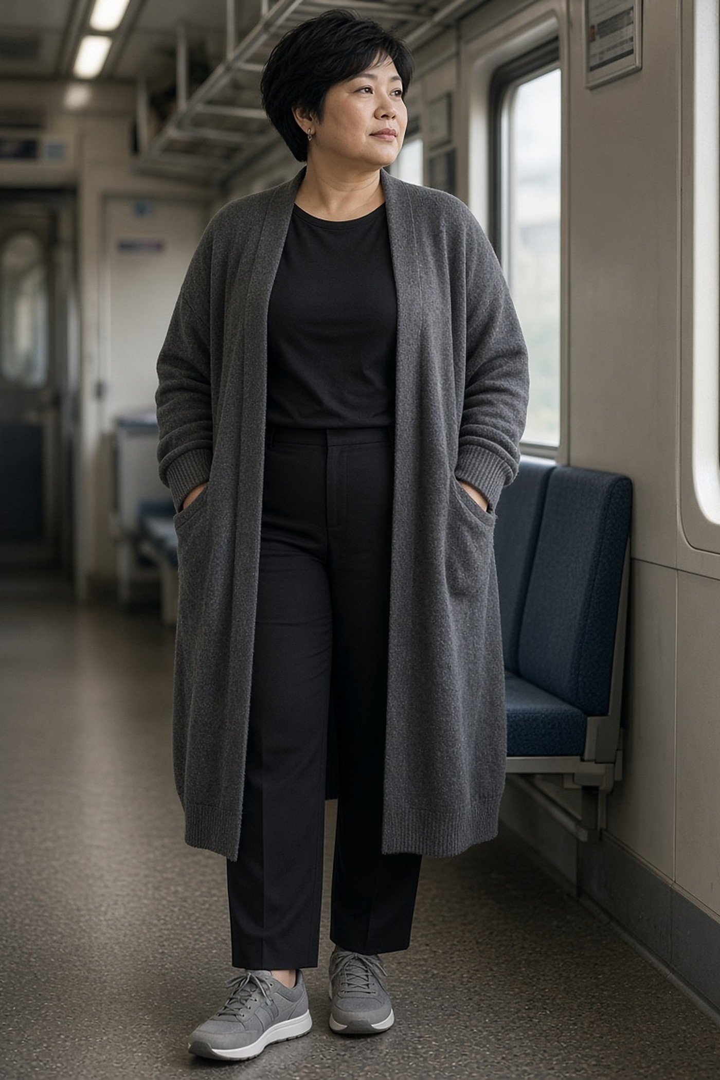 Plus-size woman in a long charcoal knit duster cardigan on a train