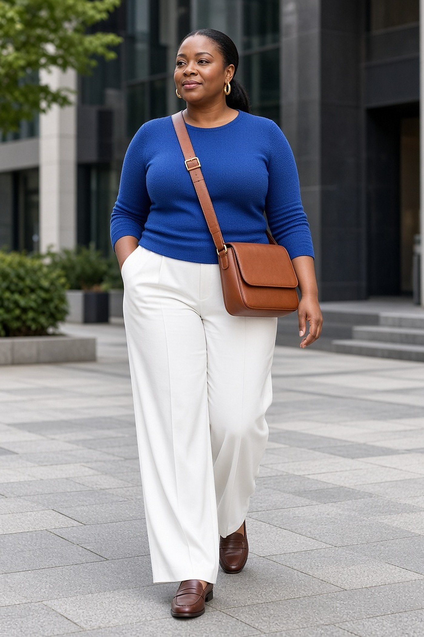 Plus-size woman wearing a cognac crossbody bag over a cobalt knit