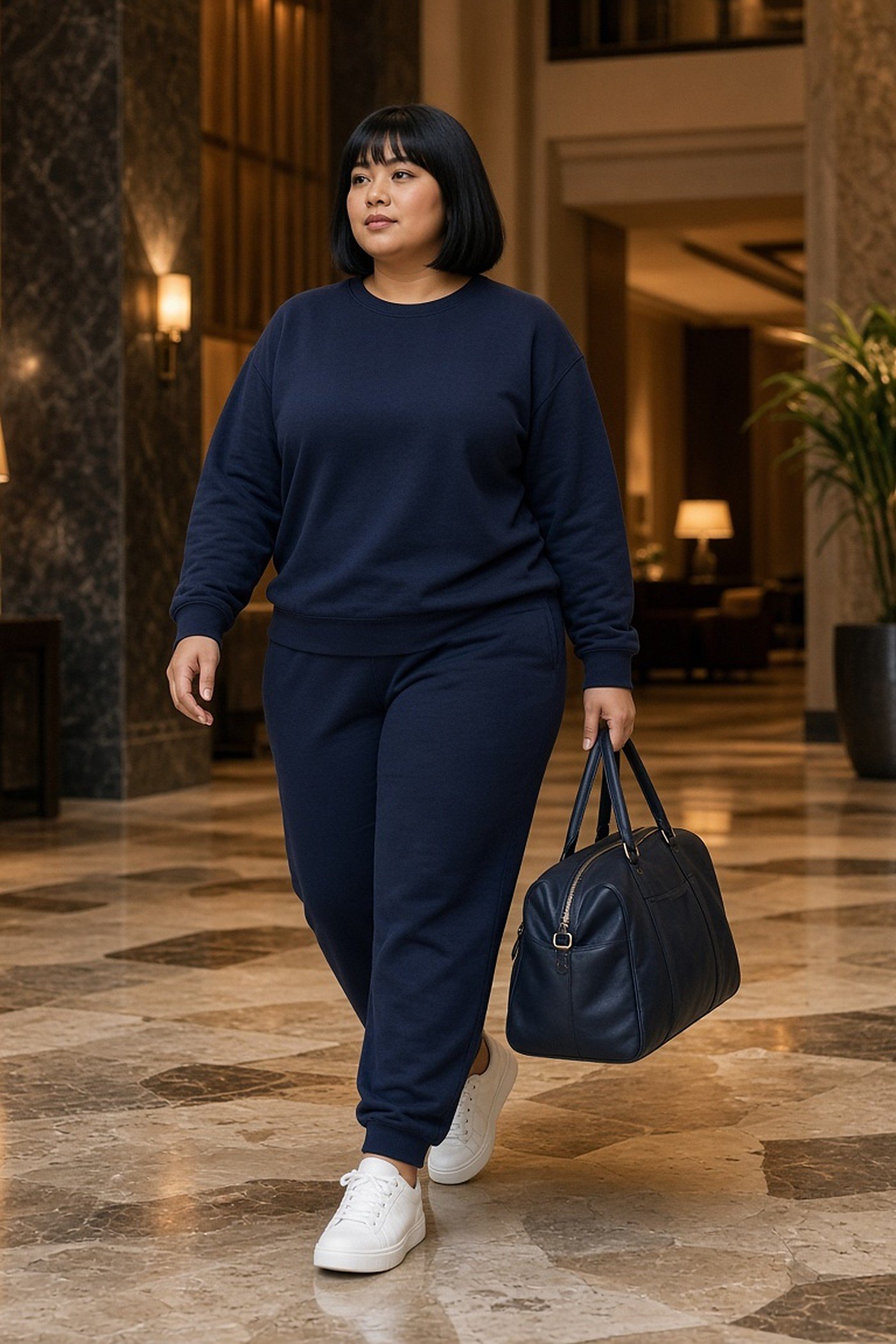 Plus-size woman in a navy matching lounge set in a hotel lobby