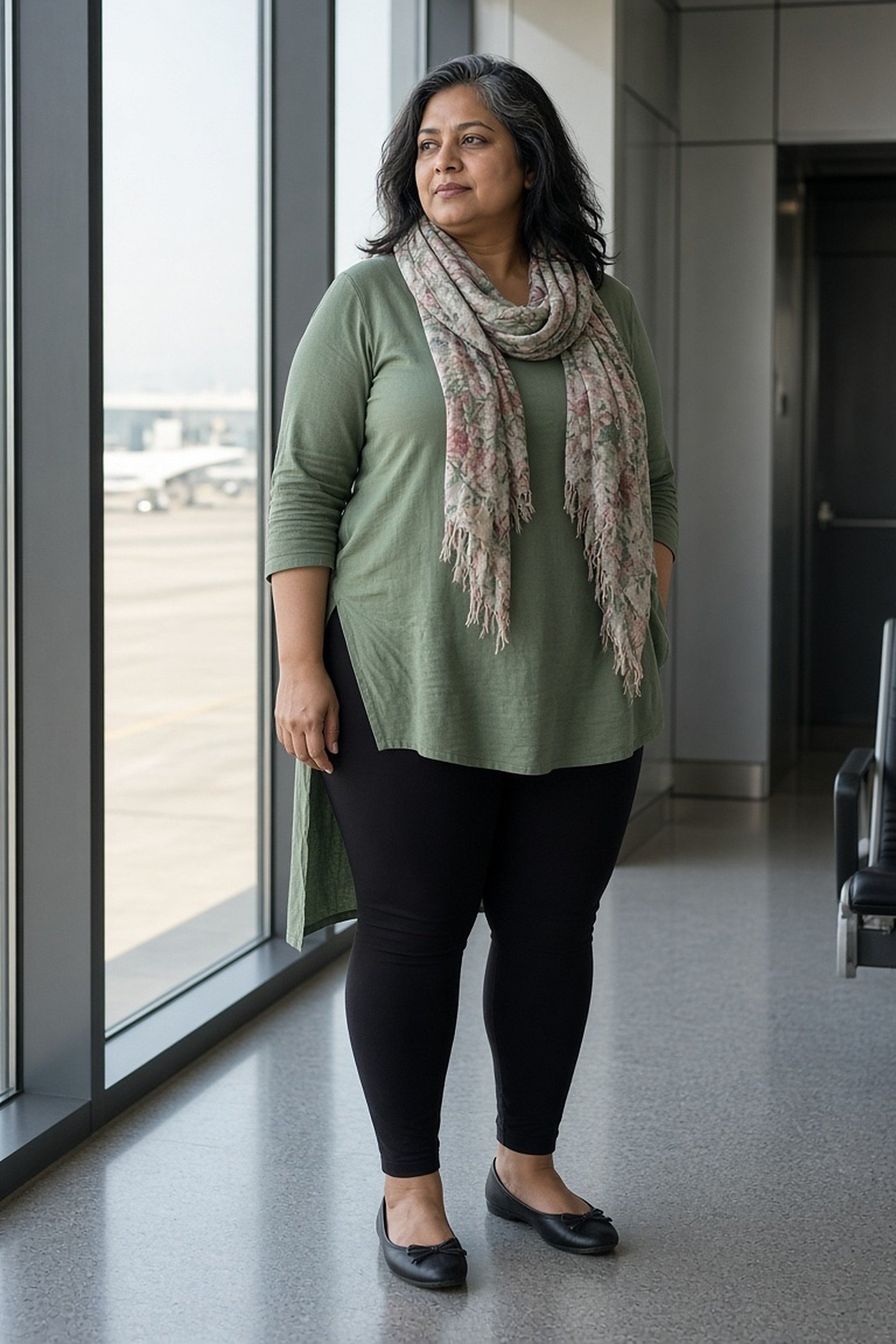 Plus-size woman in high-waisted leggings, long sage tunic and printed scarf