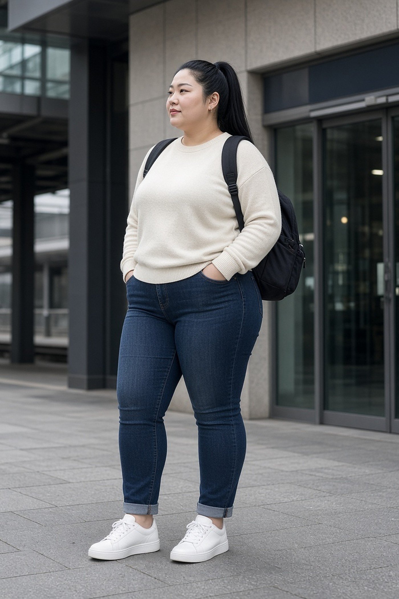 Curvy woman in dark pull-on stretch jeans and cream sweater for travel
