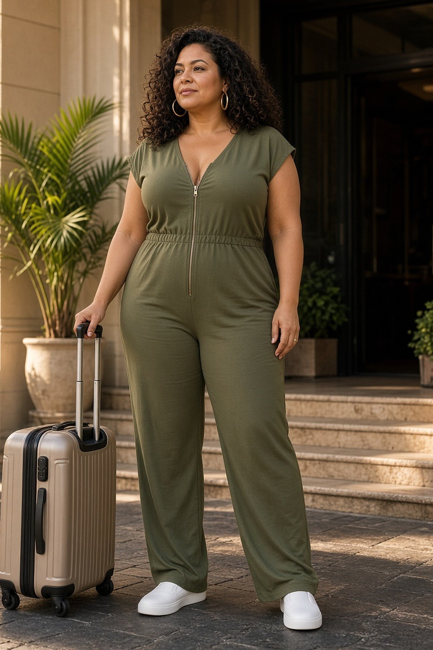 Plus-size woman in an olive soft jersey zip-front jumpsuit with suitcase