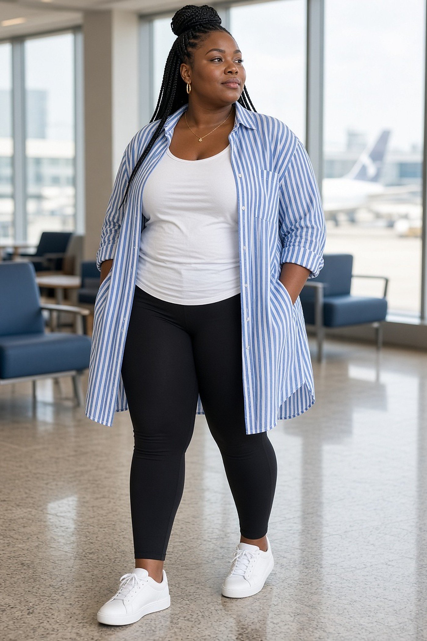 Curvy woman in an oversized striped shirt over a tank and leggings