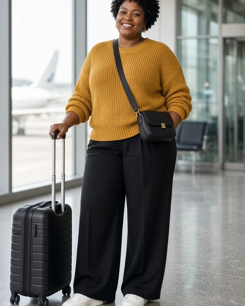 Plus-size woman in mustard sweater and wide-leg trousers at the airport
