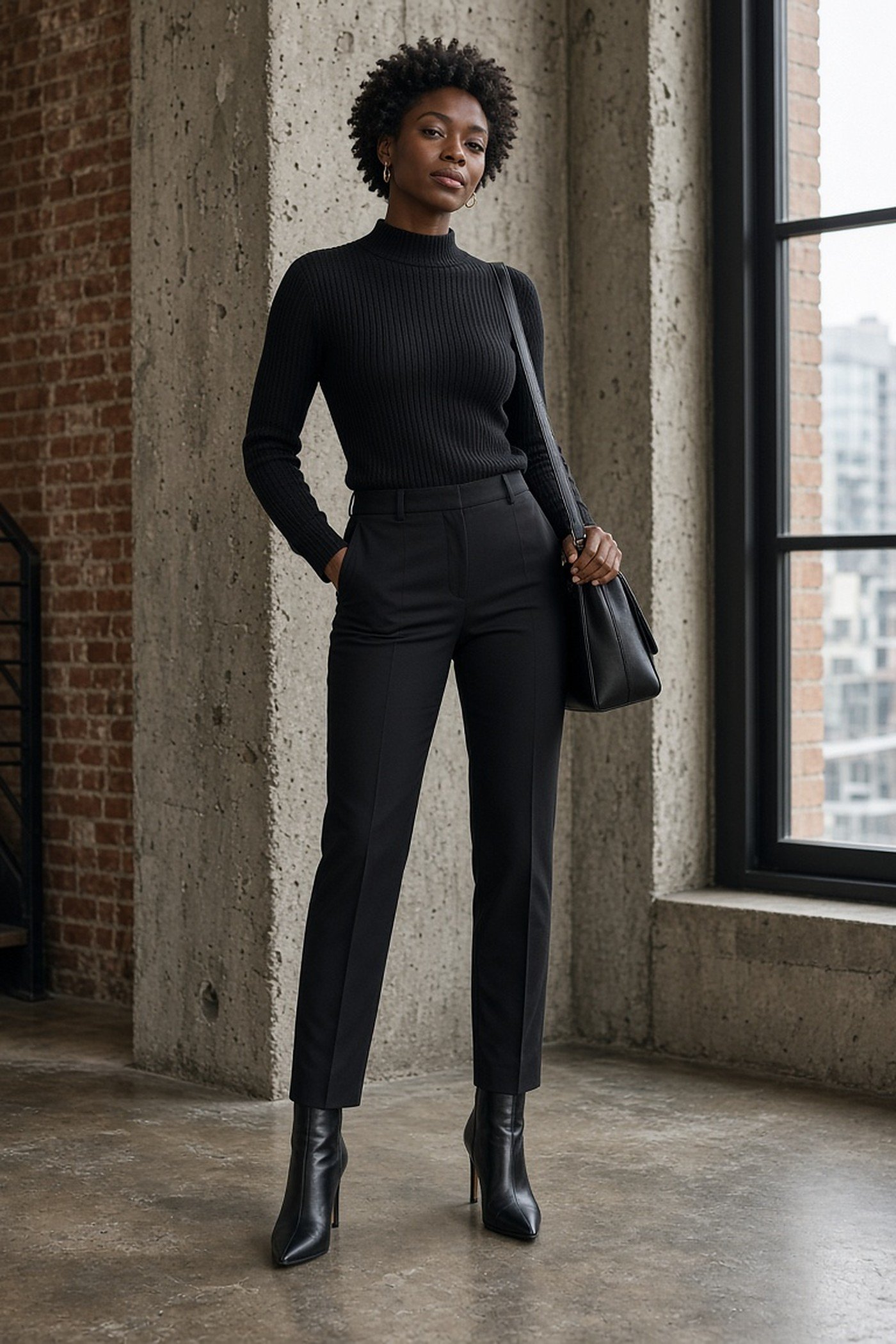 Petite woman in an all-black knit, slim trousers and pointed ankle boots