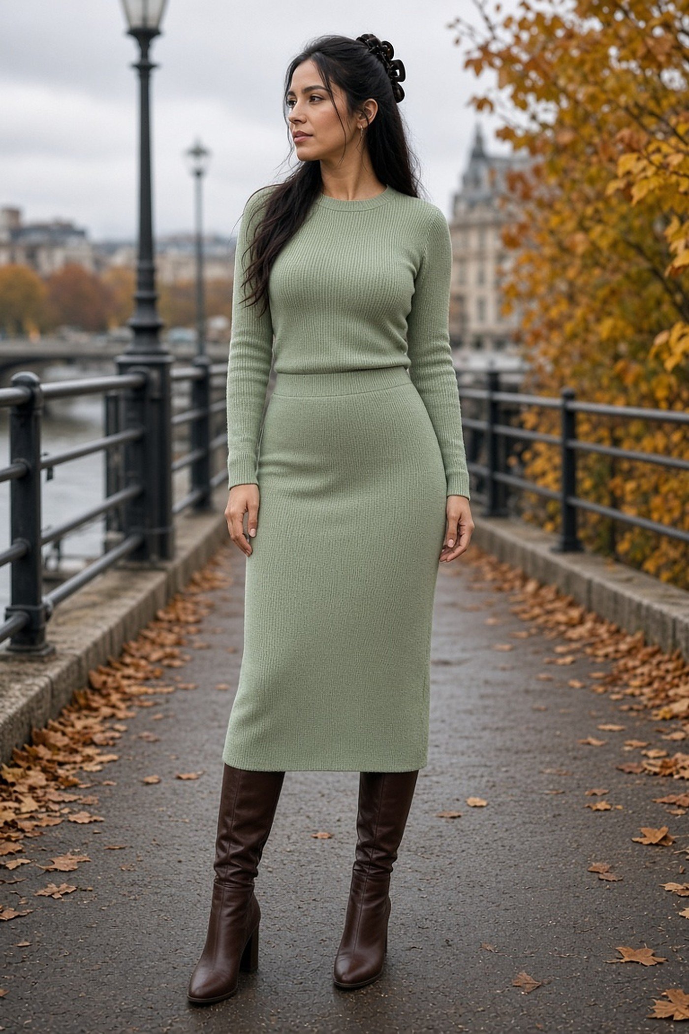 Petite woman in a matching sage knit sweater and midi skirt set