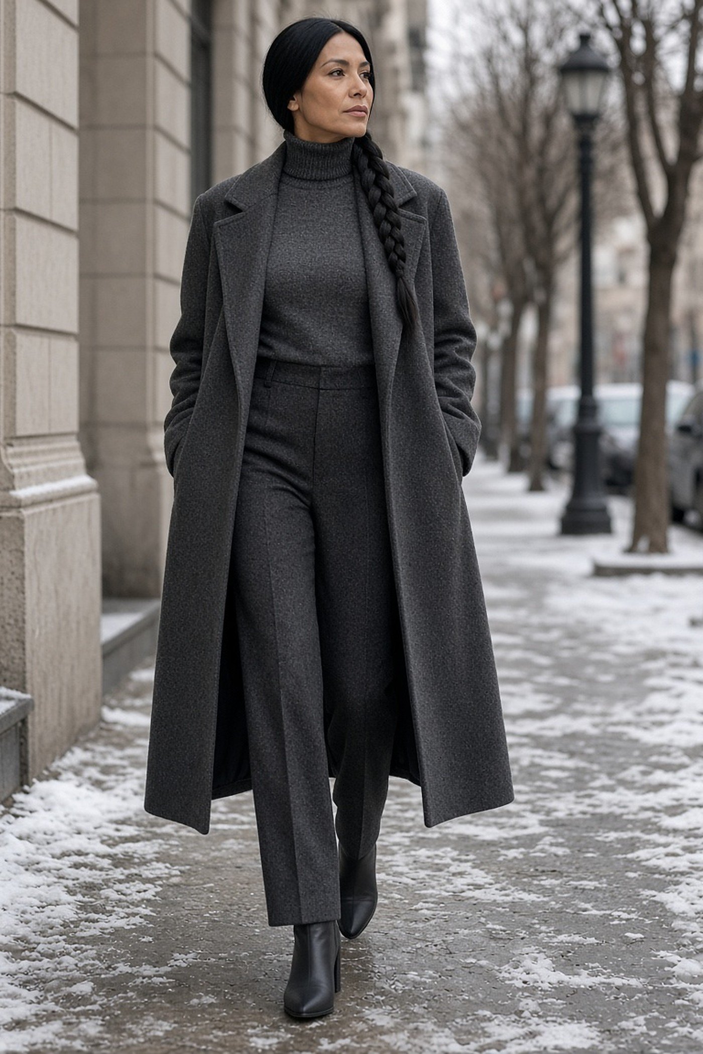 Petite woman in a long charcoal coat over a matching charcoal outfit