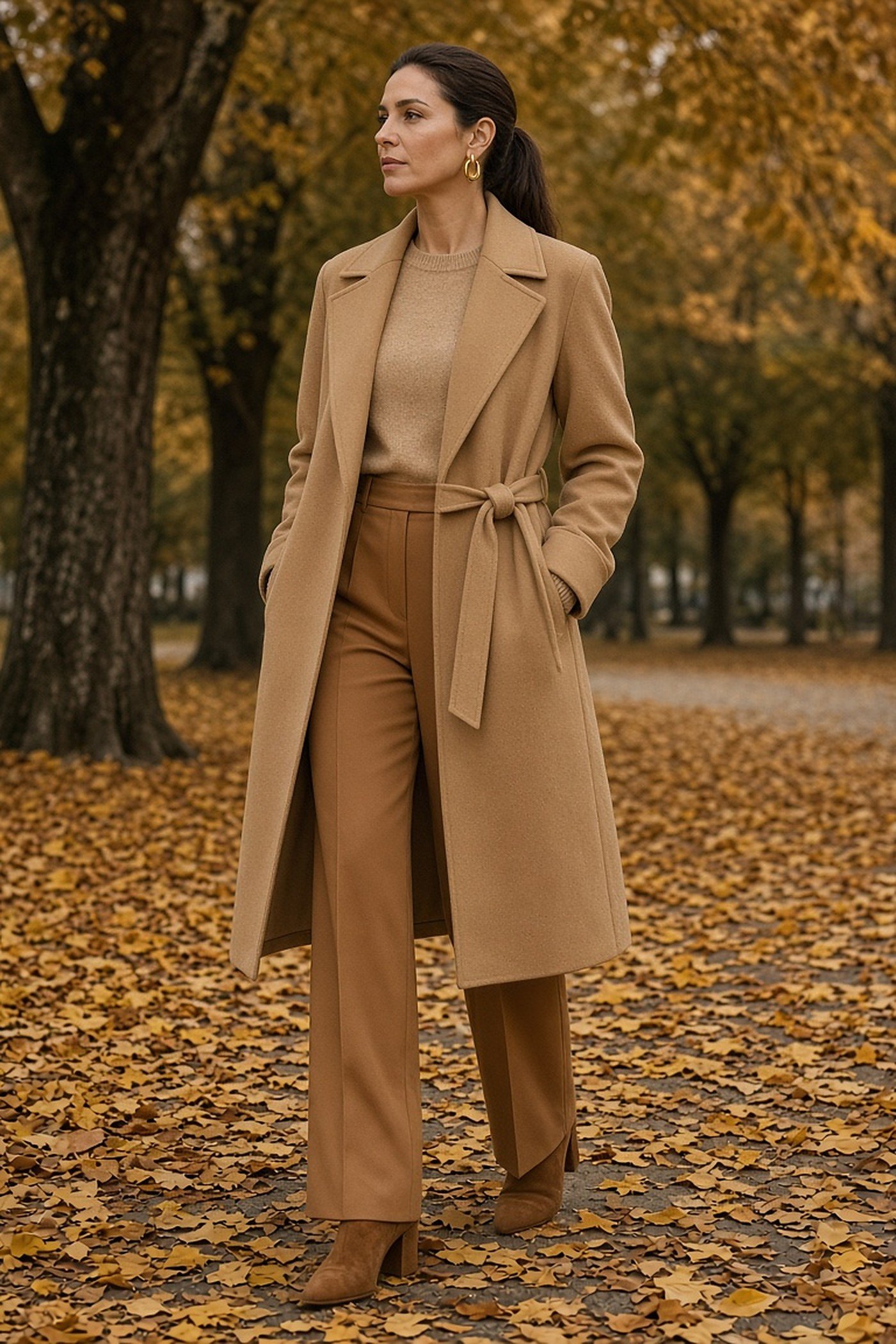 Petite woman in a belted camel coat and caramel trousers in an autumn park