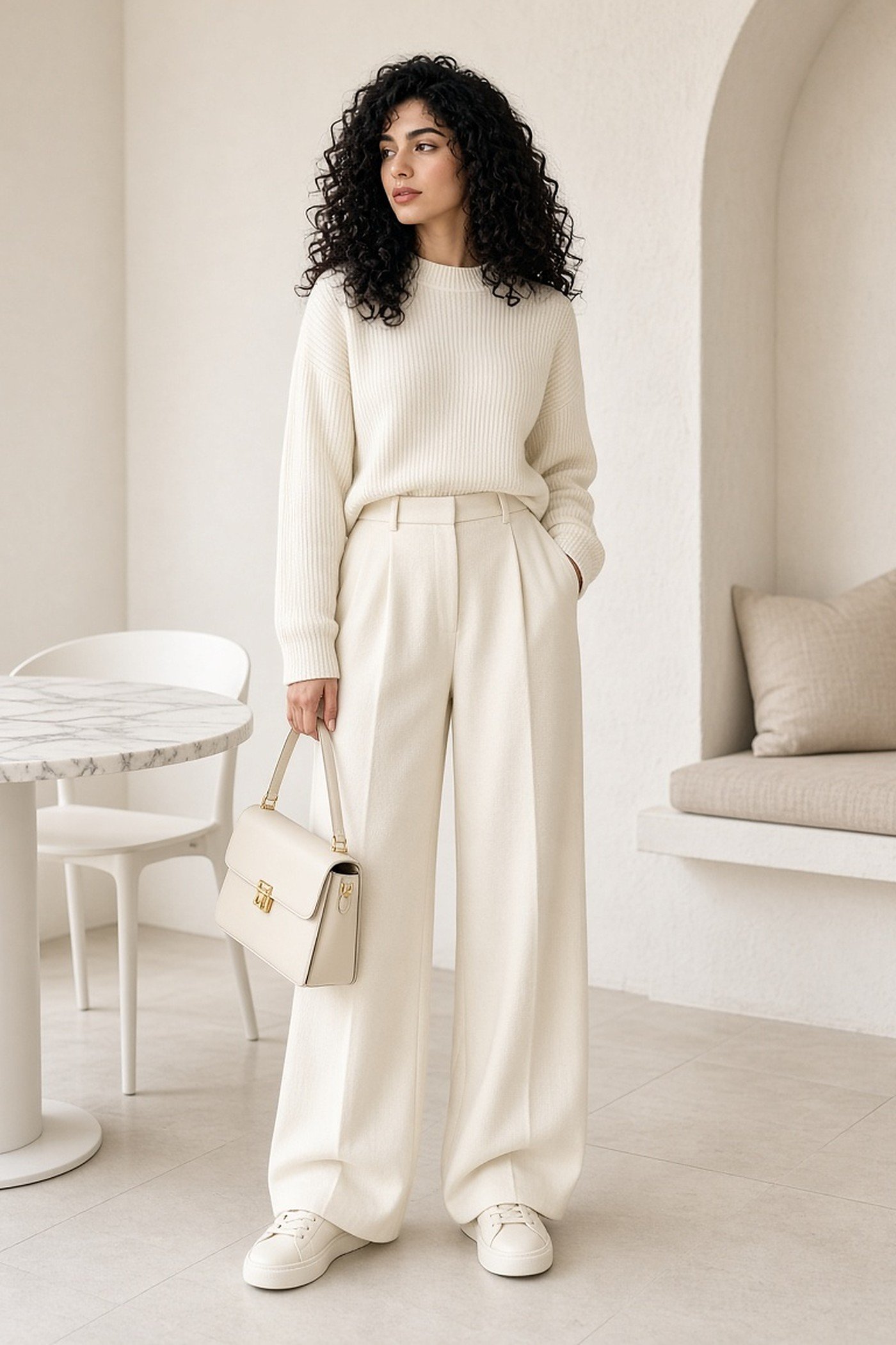 Petite woman in a cream ribbed knit and ivory wide-leg trousers