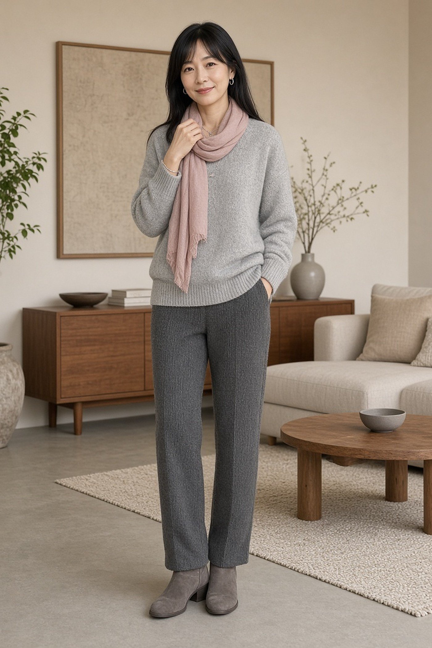 Petite woman in a gray knit sweater and charcoal knit trousers with pink scarf