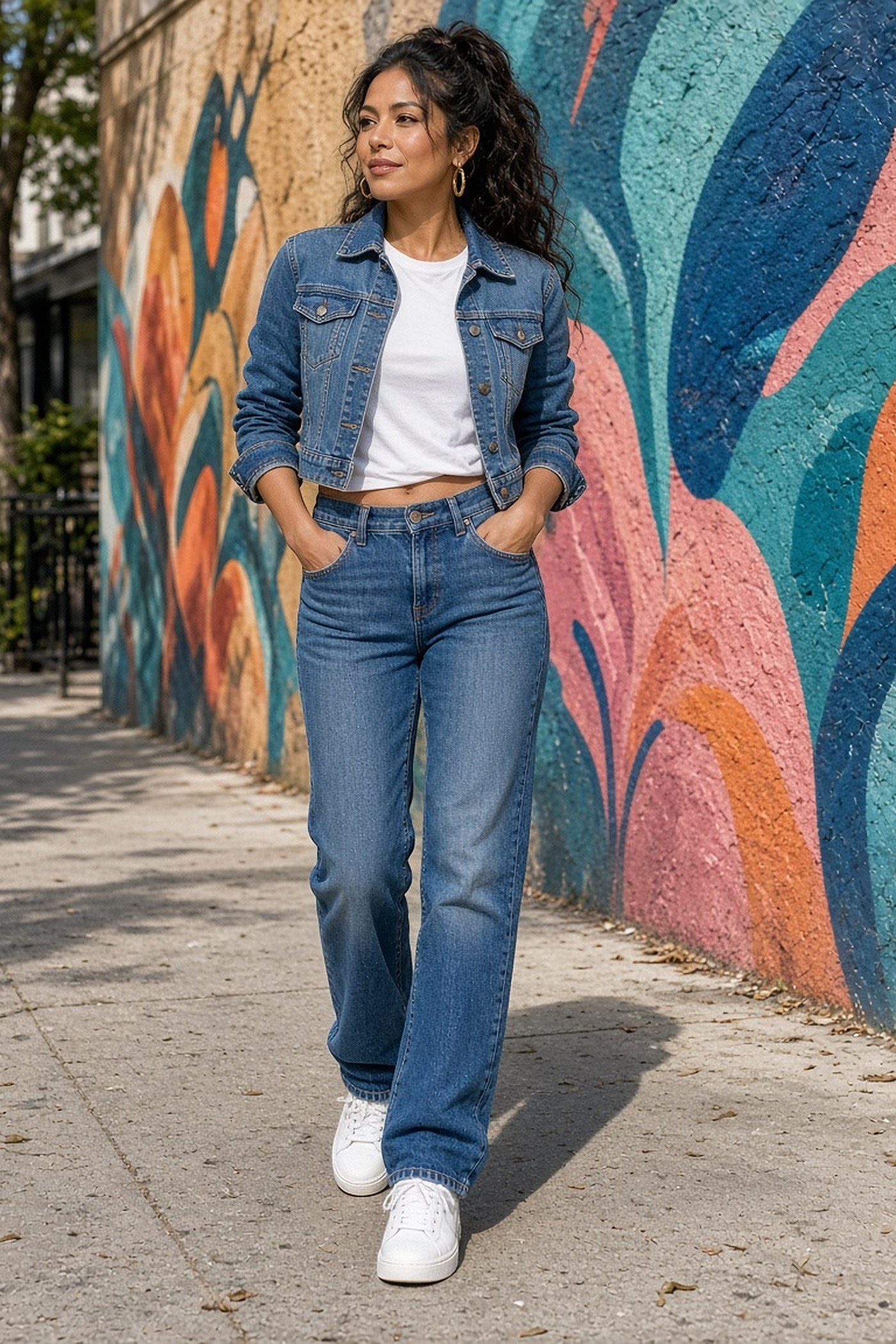 Petite woman in a matching cropped denim jacket and jeans