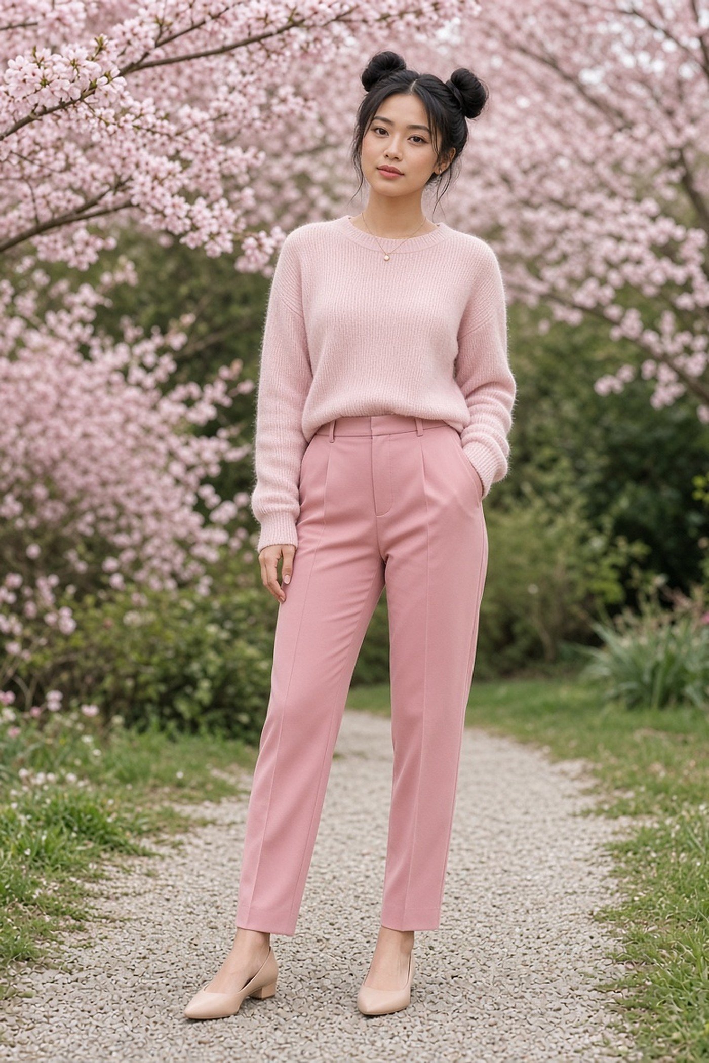 Petite woman in a pastel pink sweater and pink trousers among blossoms