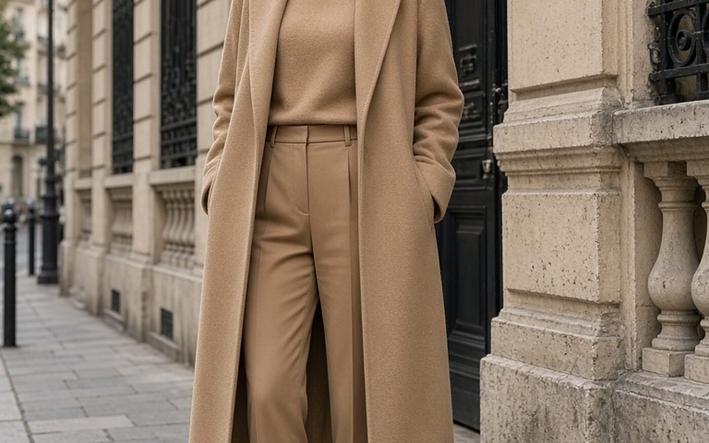 Petite woman in a head-to-toe camel coat, sweater and trousers on a city street
