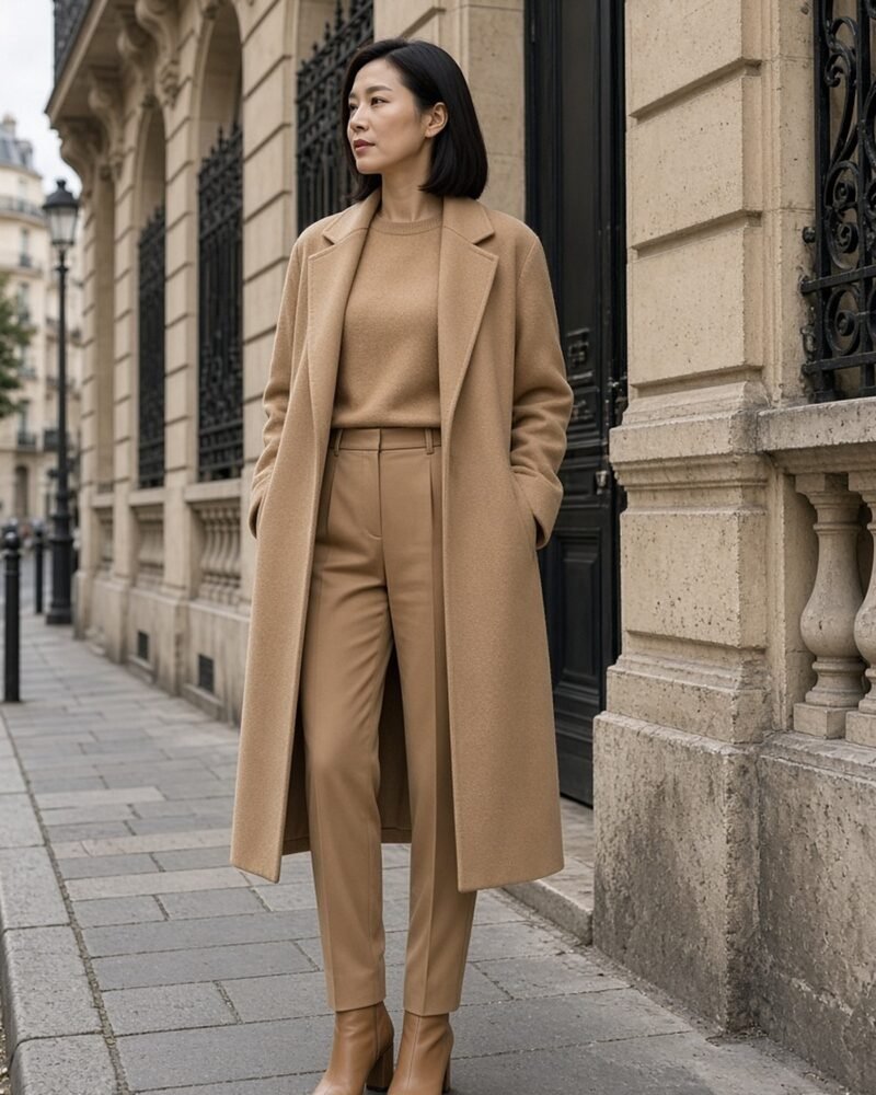 Petite woman in a head-to-toe camel coat, sweater and trousers on a city street