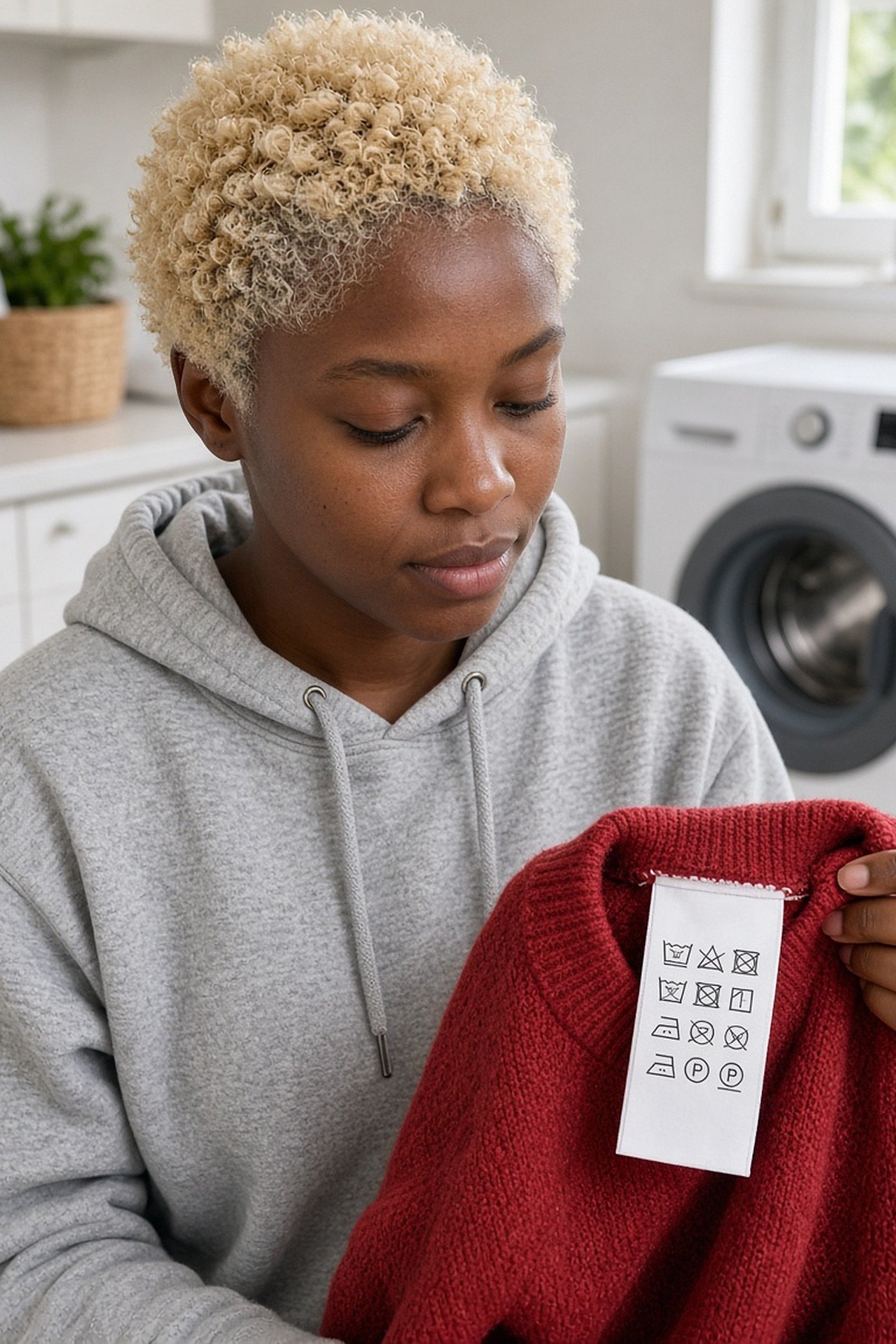 Young woman reading the care label symbols inside a red sweater