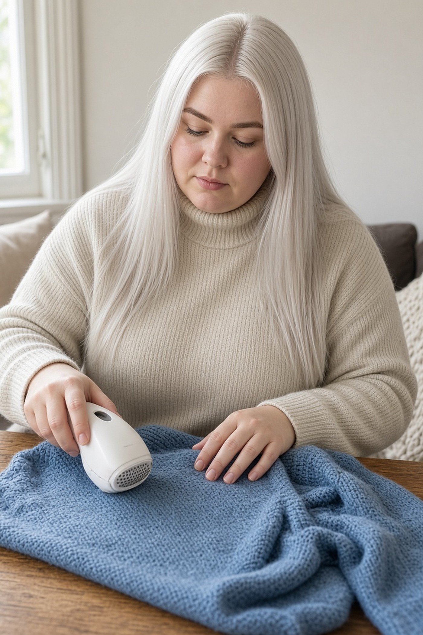Young woman removing pills from a blue sweater with a fabric shaver