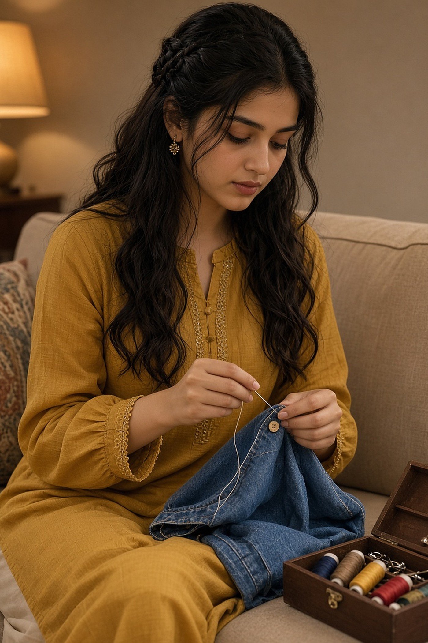 Young woman sewing a button onto a denim shirt with a small sewing kit