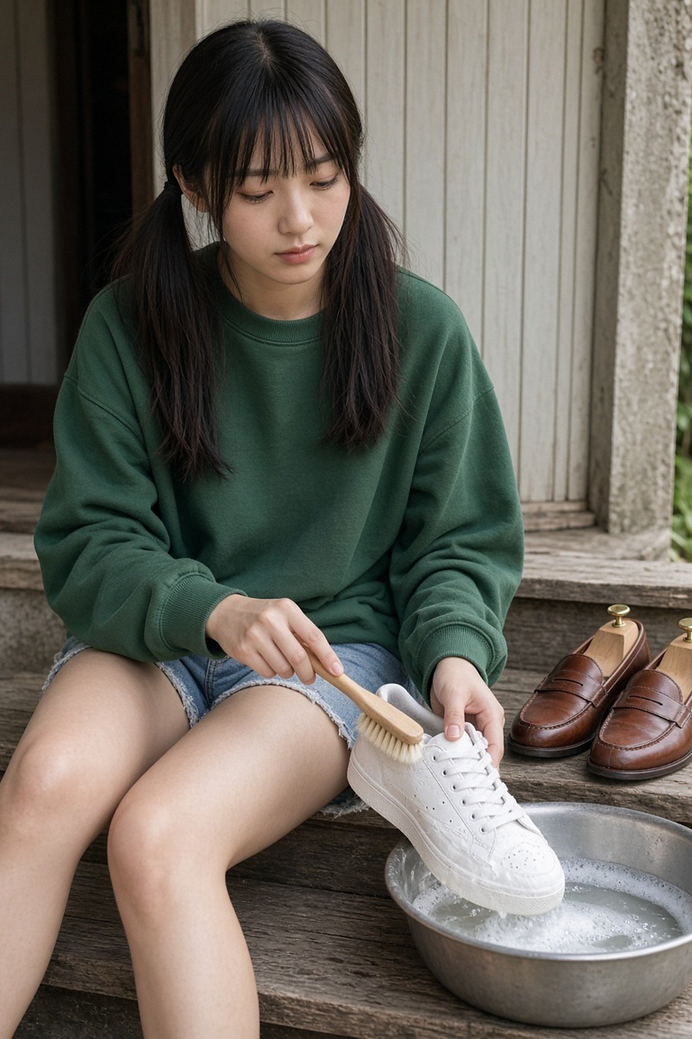 Young woman brushing white sneakers clean beside loafers with shoe trees