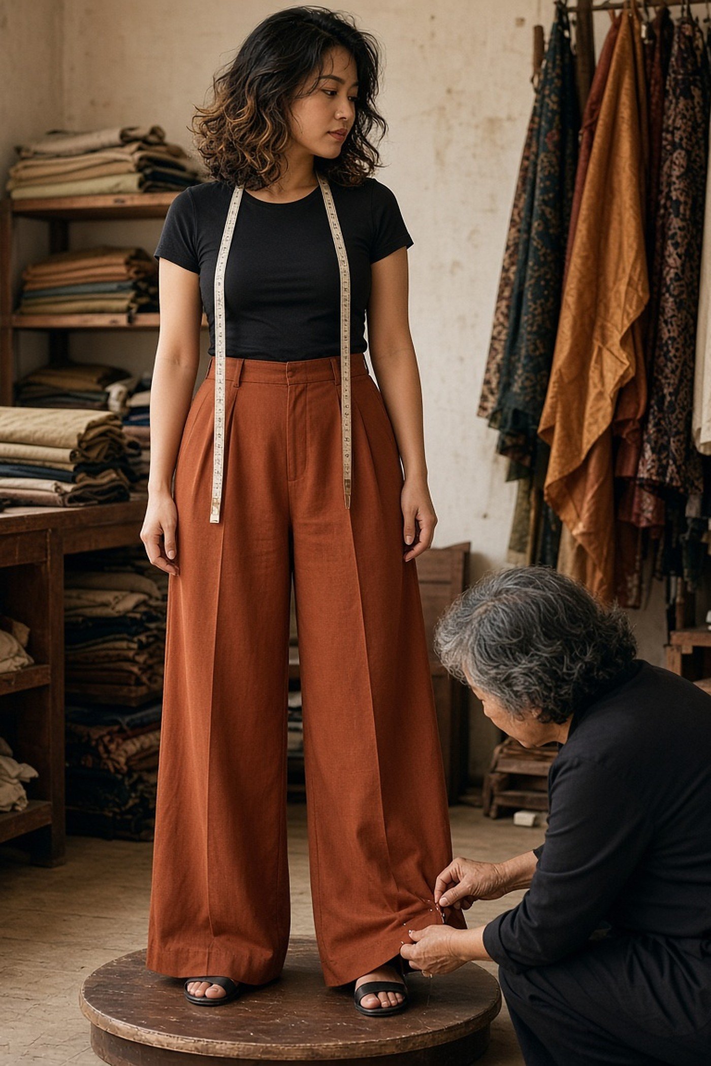 Young woman having her wide-leg trousers hemmed by a tailor