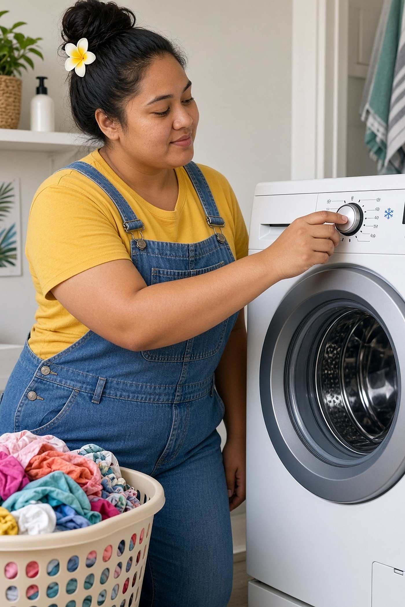 Young woman setting the washing machine to a cold cycle