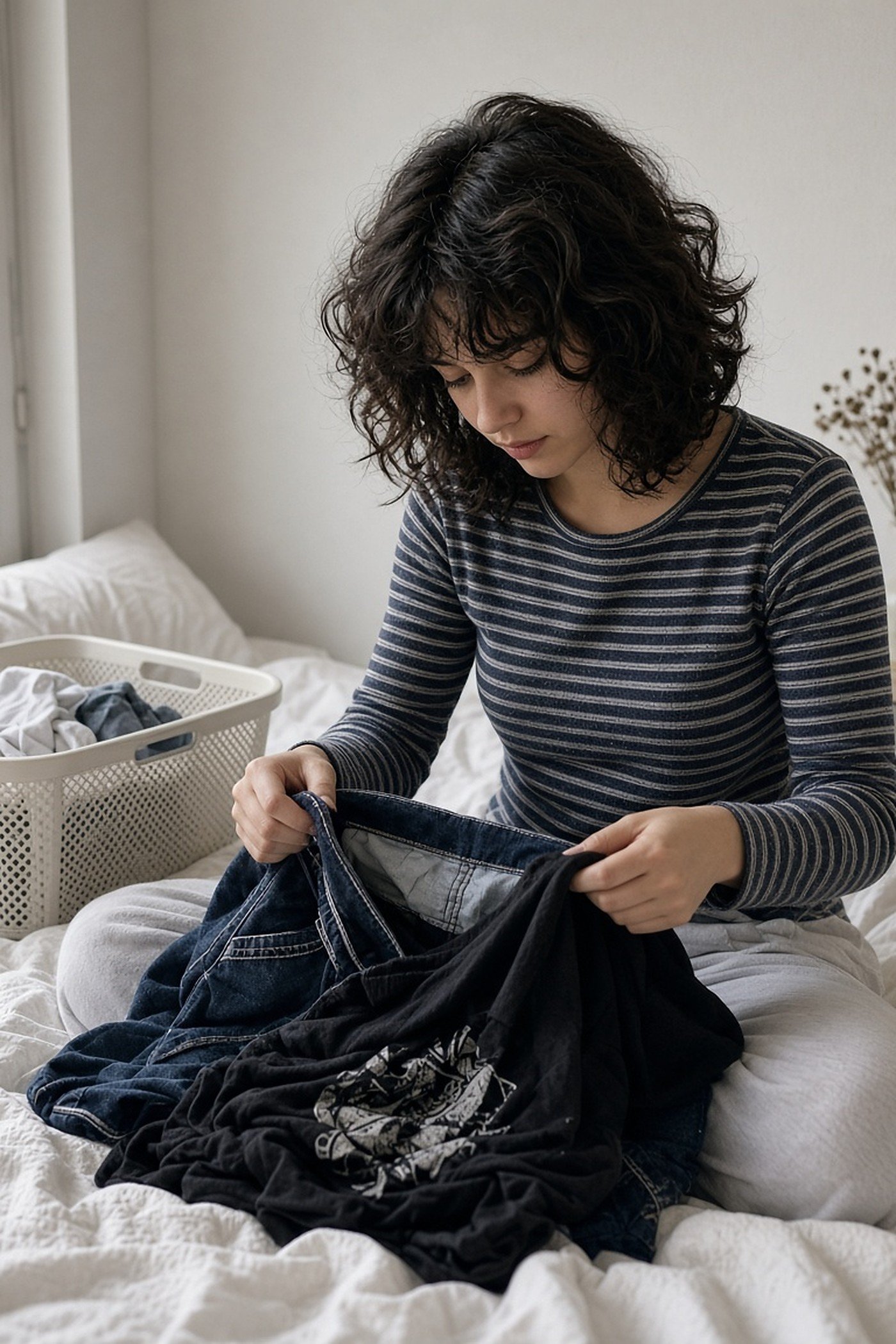 Young woman turning jeans and a printed tee inside out before washing