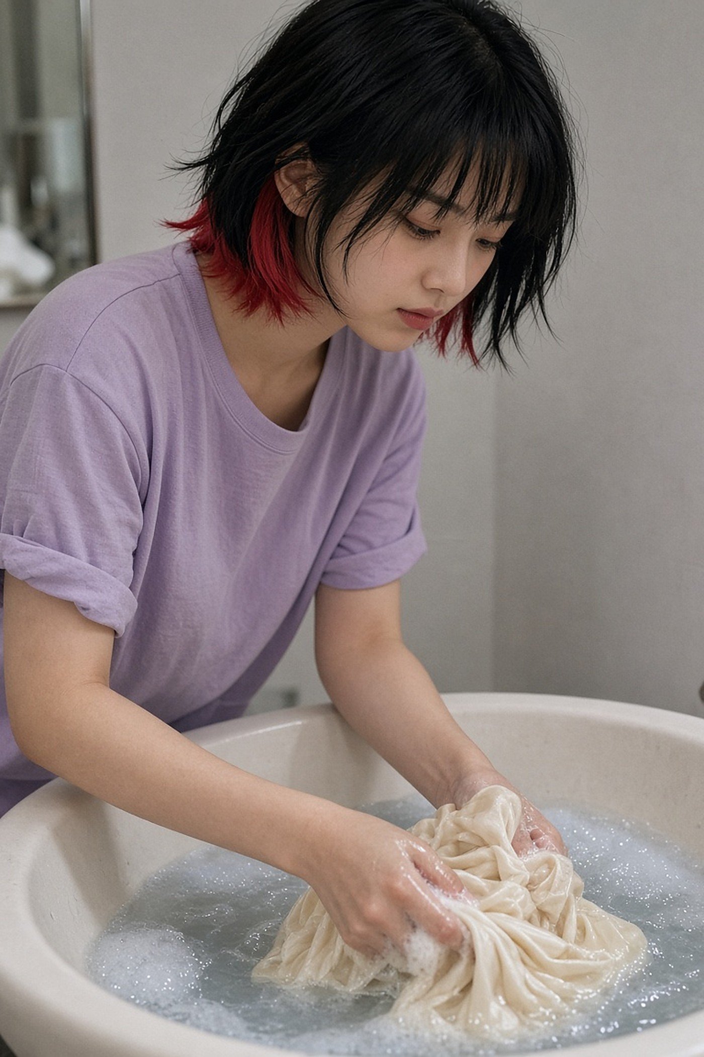 Young woman gently hand washing a silk blouse in a basin