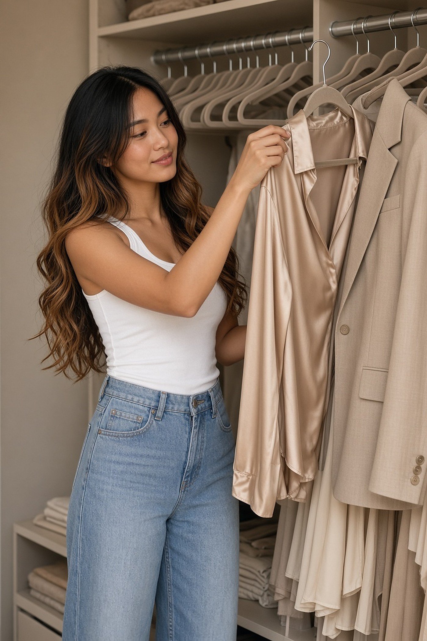 Young woman hanging a silky blouse on a velvet hanger in her closet