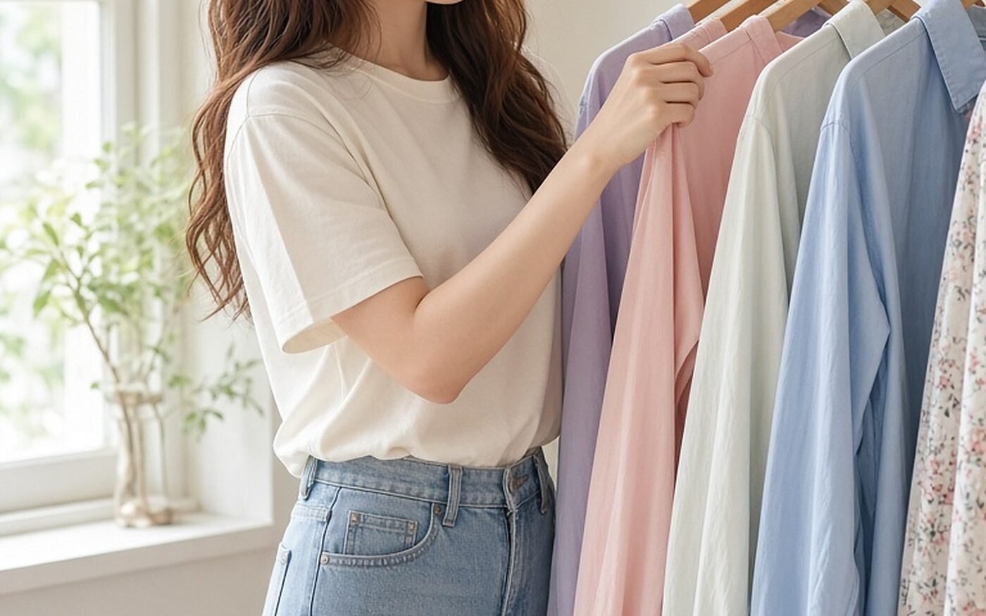 Young woman hanging freshly washed pastel shirts on wooden hangers