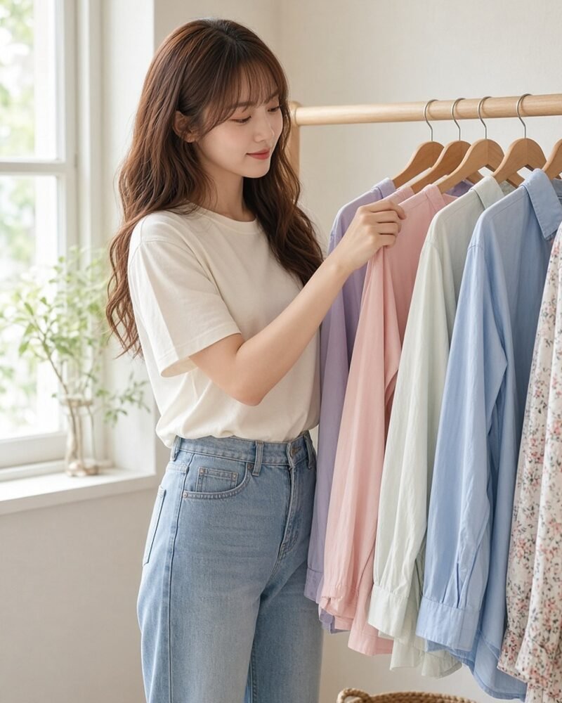 Young woman hanging freshly washed pastel shirts on wooden hangers