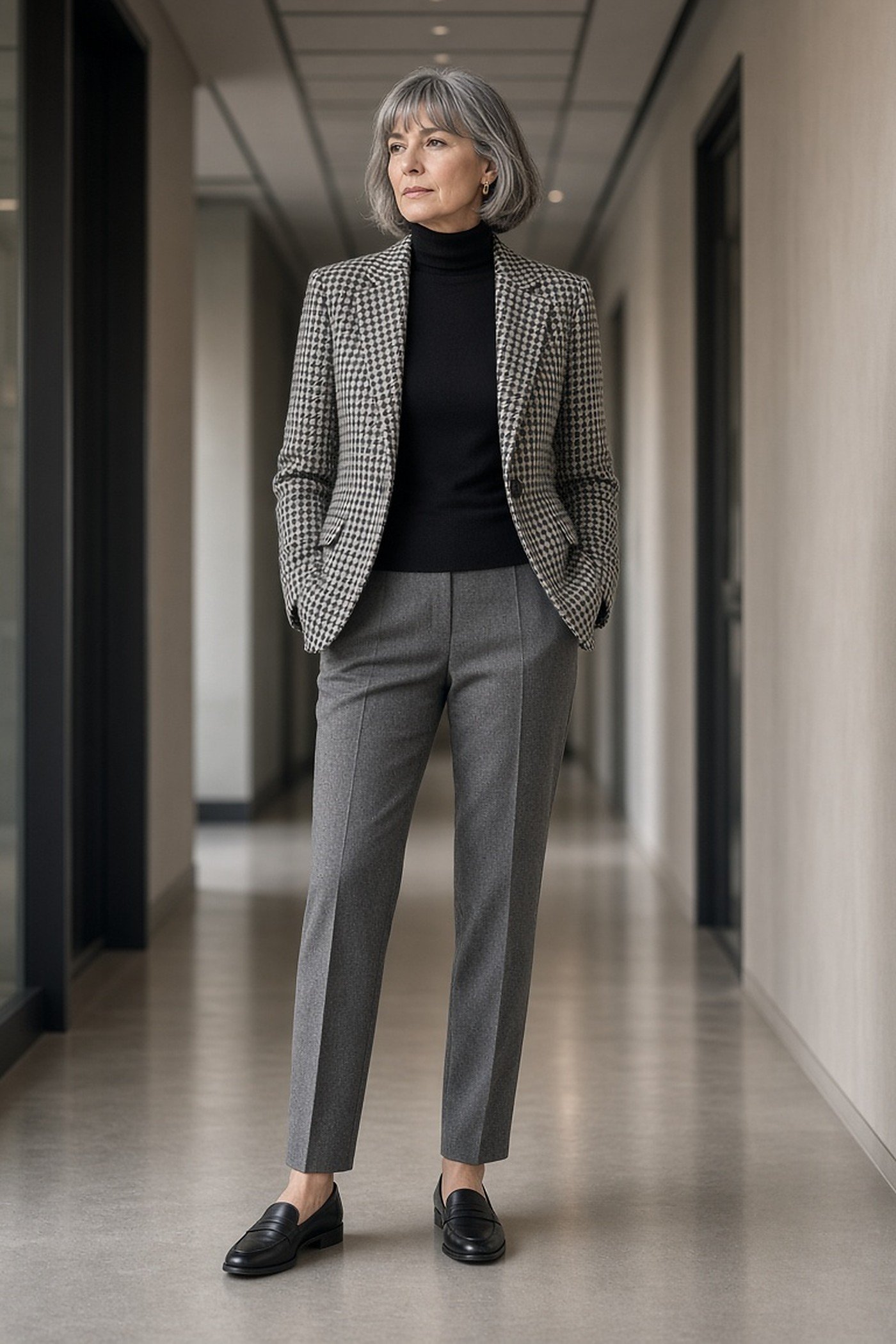 Woman over 50 in a black turtleneck under a houndstooth blazer