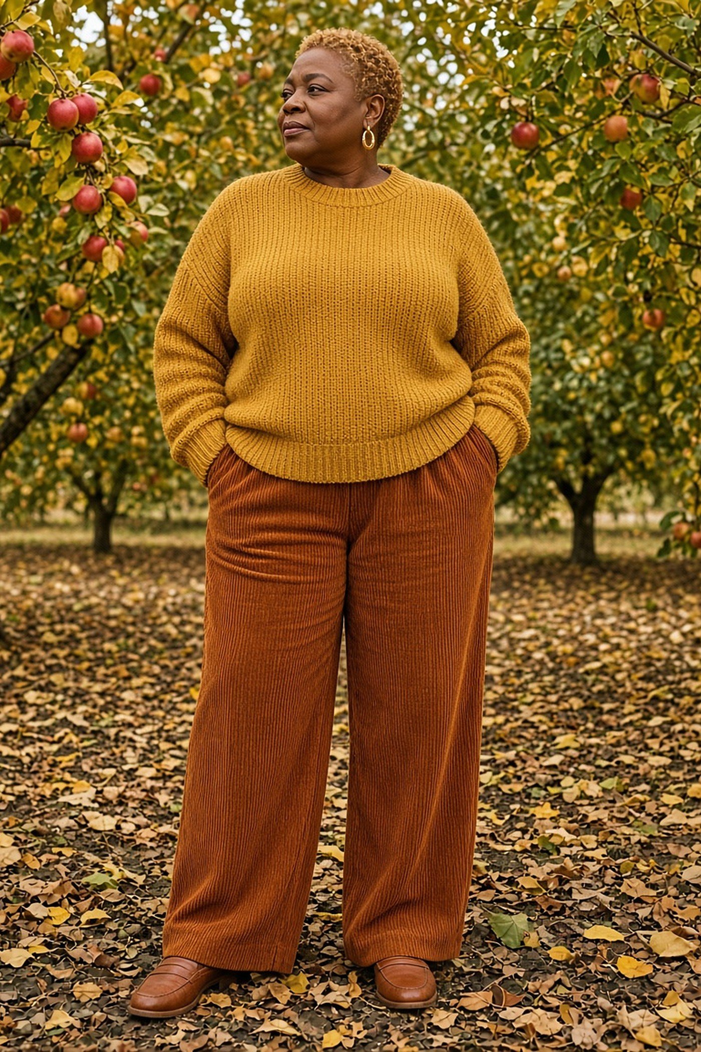 Woman over 50 in rust corduroy wide-leg trousers and a mustard sweater