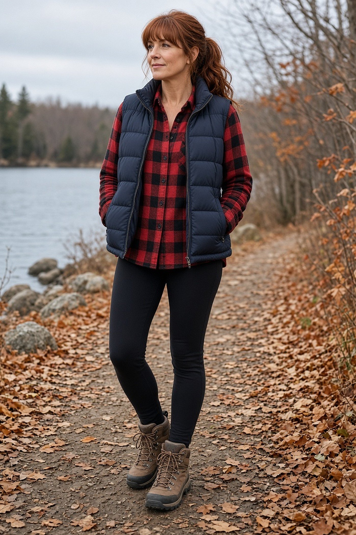 Woman over 50 in a navy puffer vest over a buffalo plaid flannel
