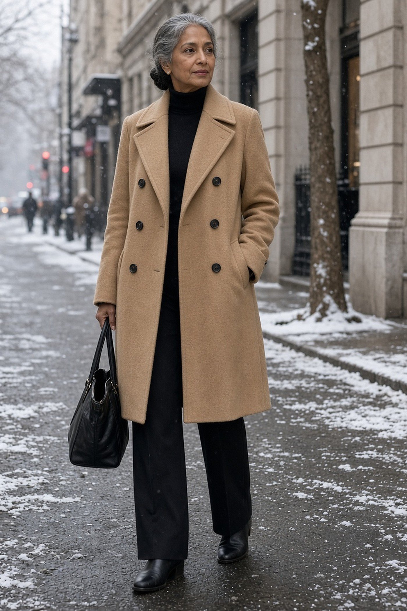 Woman over 50 in a double-breasted camel wool coat in light snow