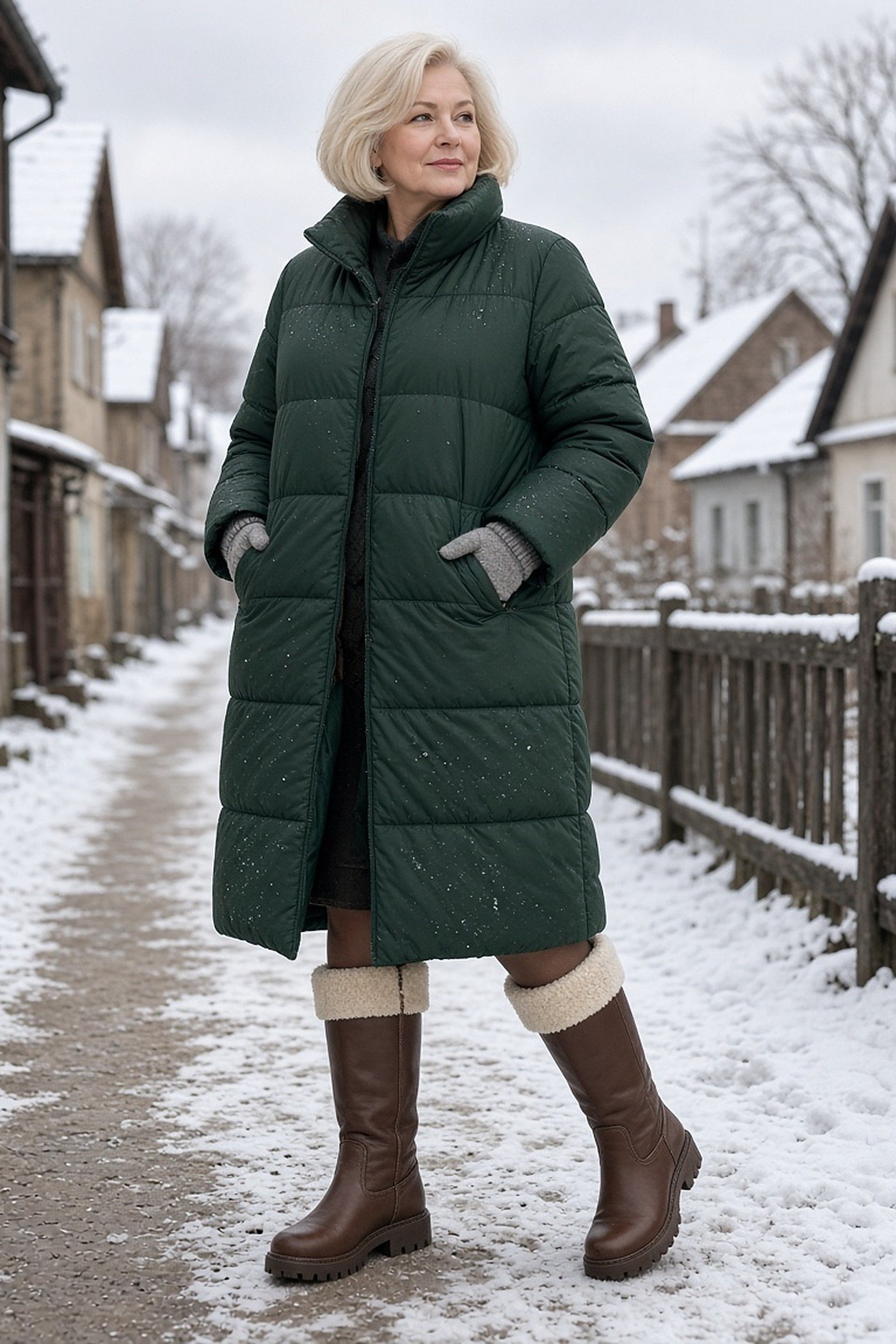 Woman over 50 in shearling-lined knee boots and a green puffer coat in snow