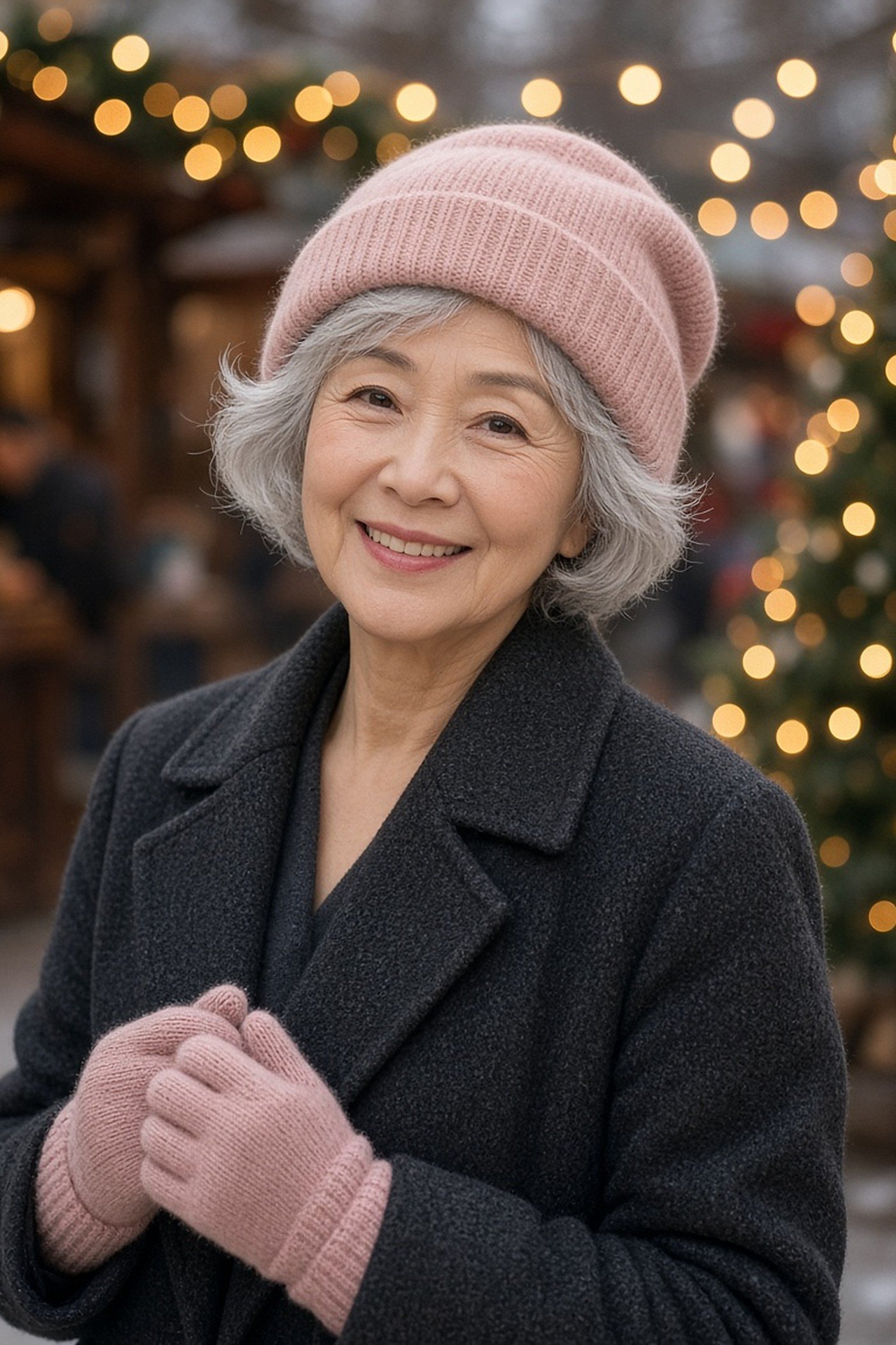 Woman over 50 in a pink cashmere beanie and gloves at a Christmas market