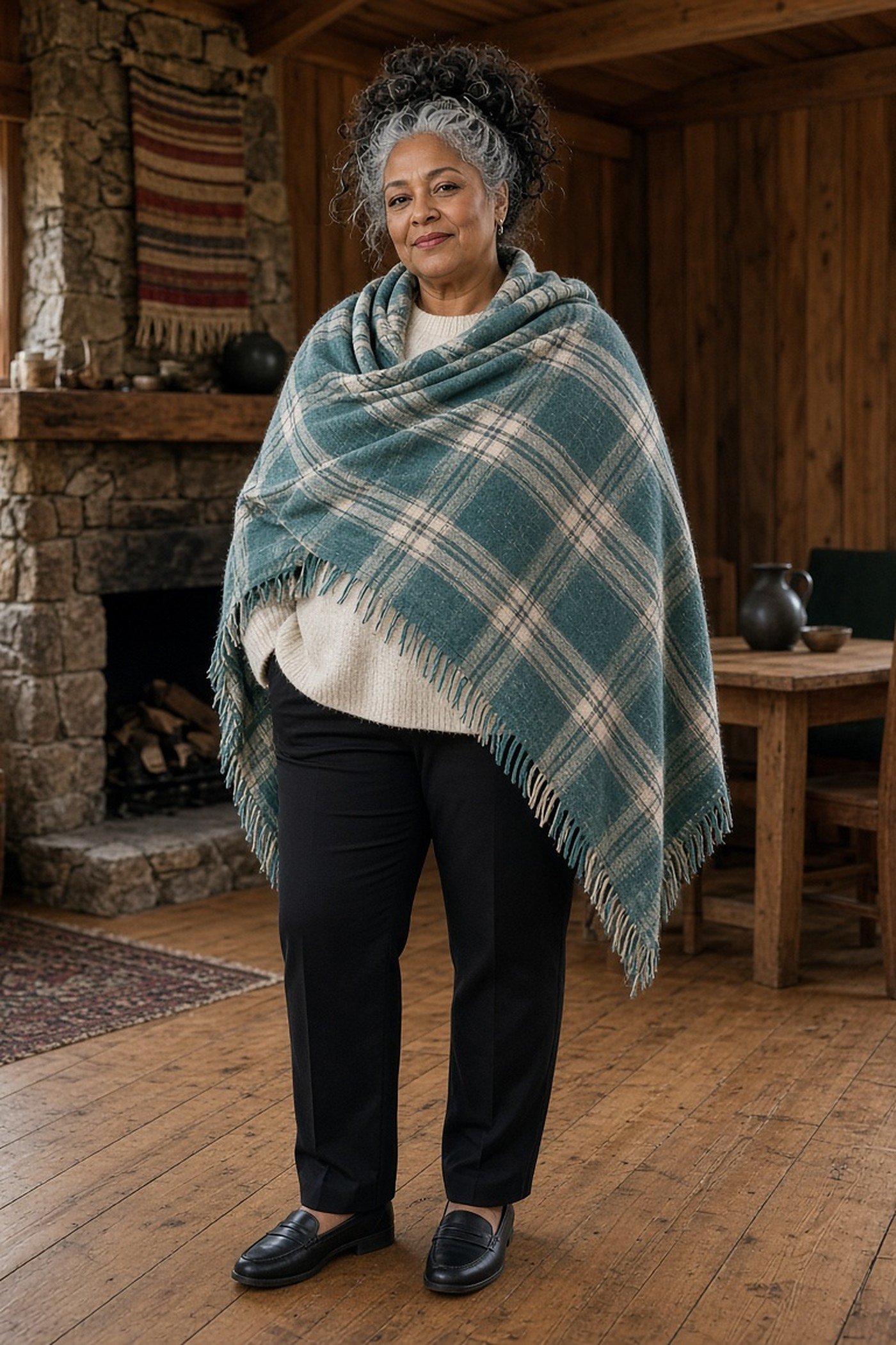 Woman over 50 in a teal plaid wool wrap shawl over a cream sweater