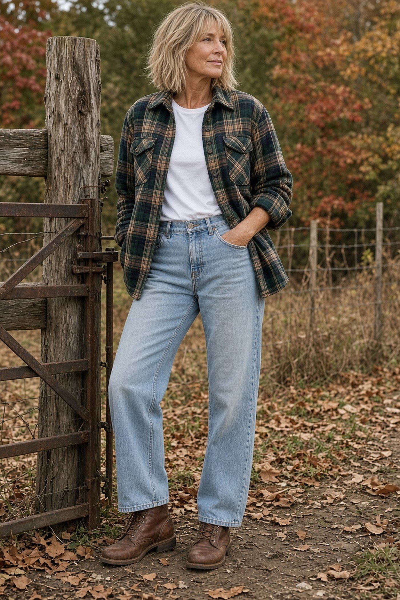 Woman over 50 in an open plaid flannel shirt jacket with jeans and boots