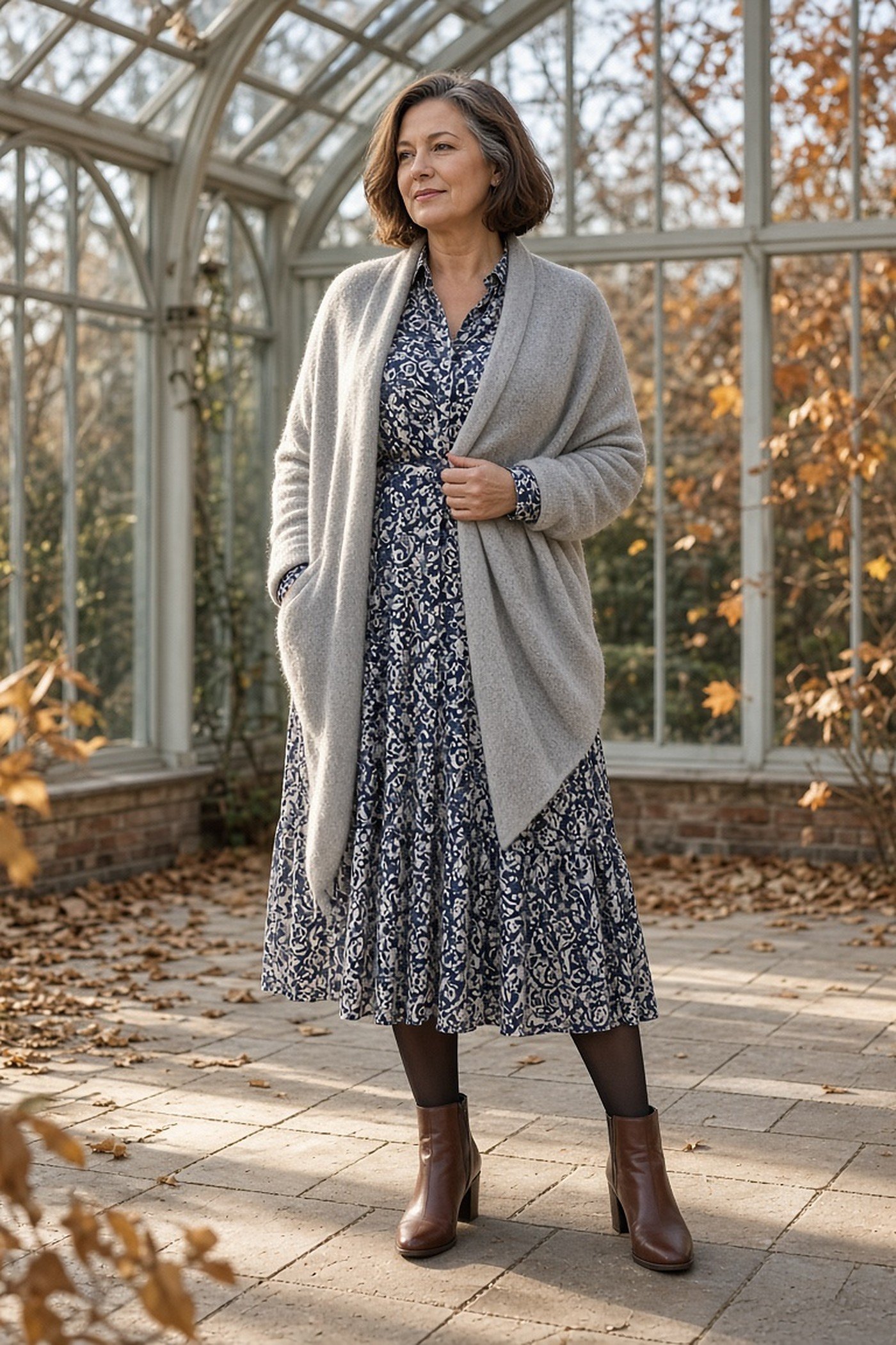 Woman over 50 in a gray cashmere wrap over a printed shirt dress with tights