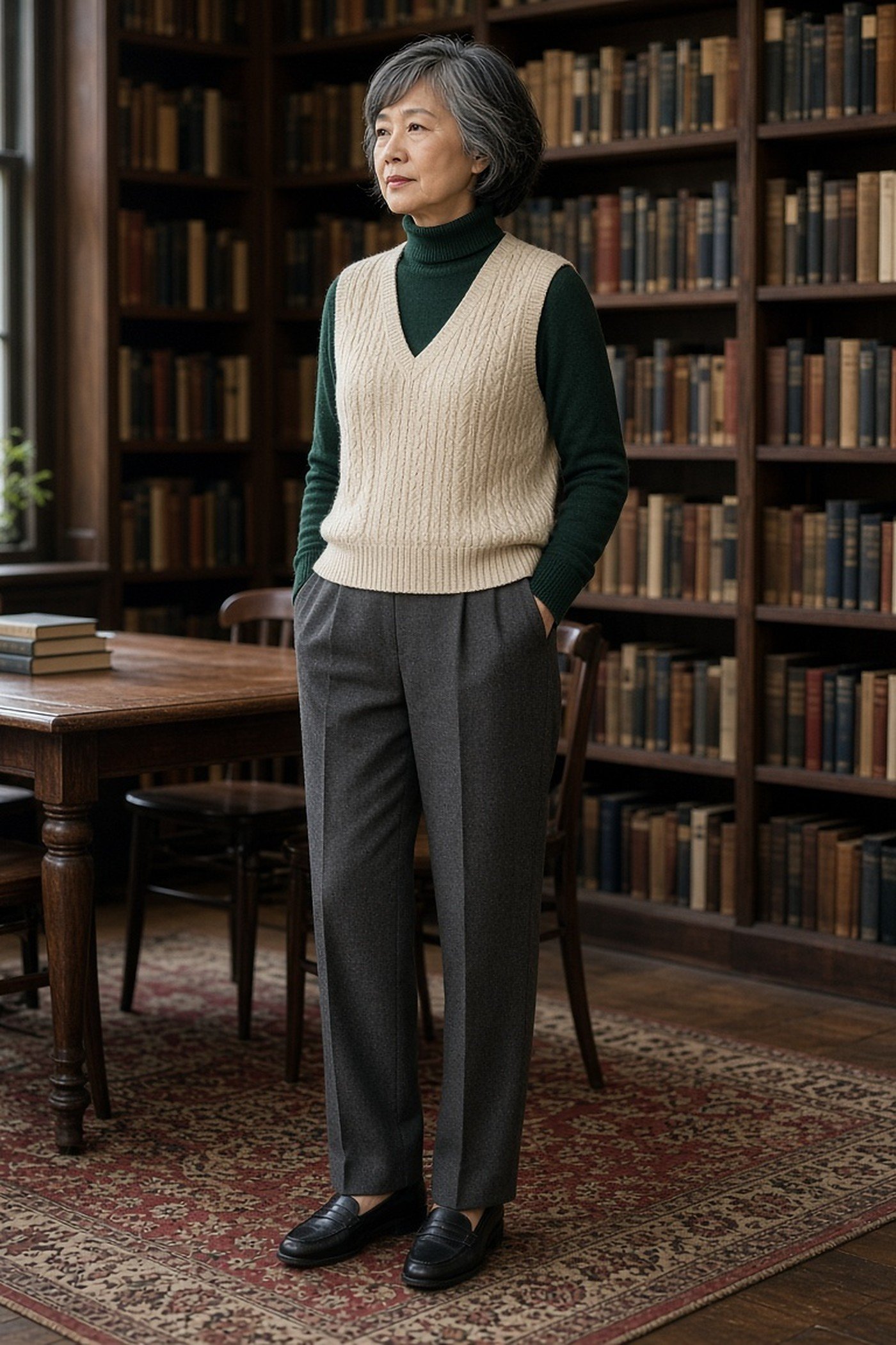 Woman over 50 in a cream cable knit vest over a green turtleneck