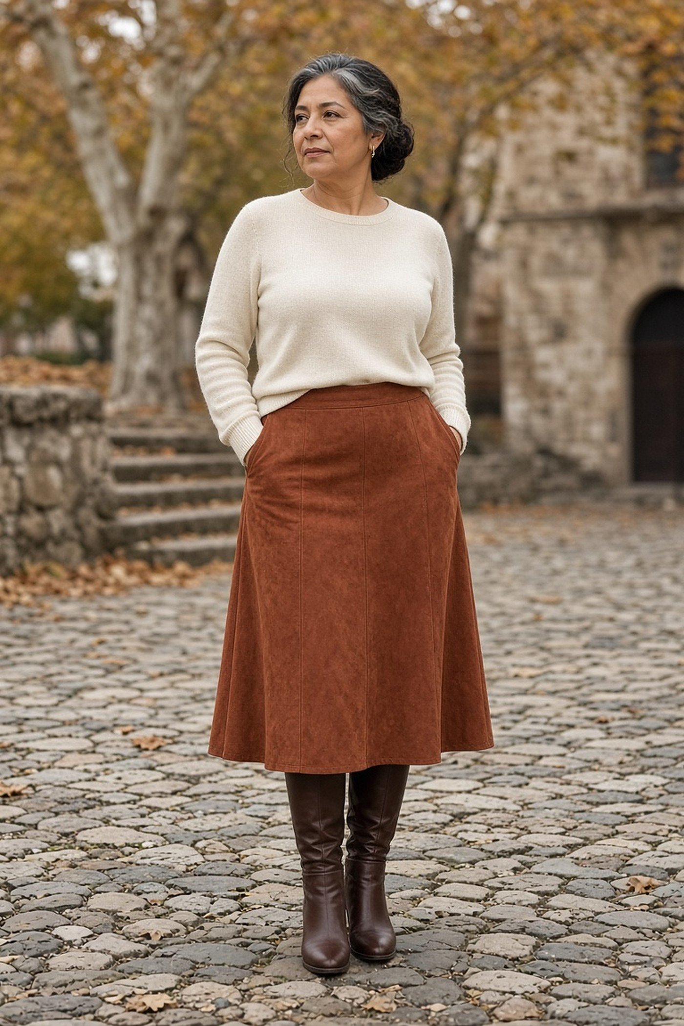 Woman over 50 in a rust suede midi skirt with knee-high boots