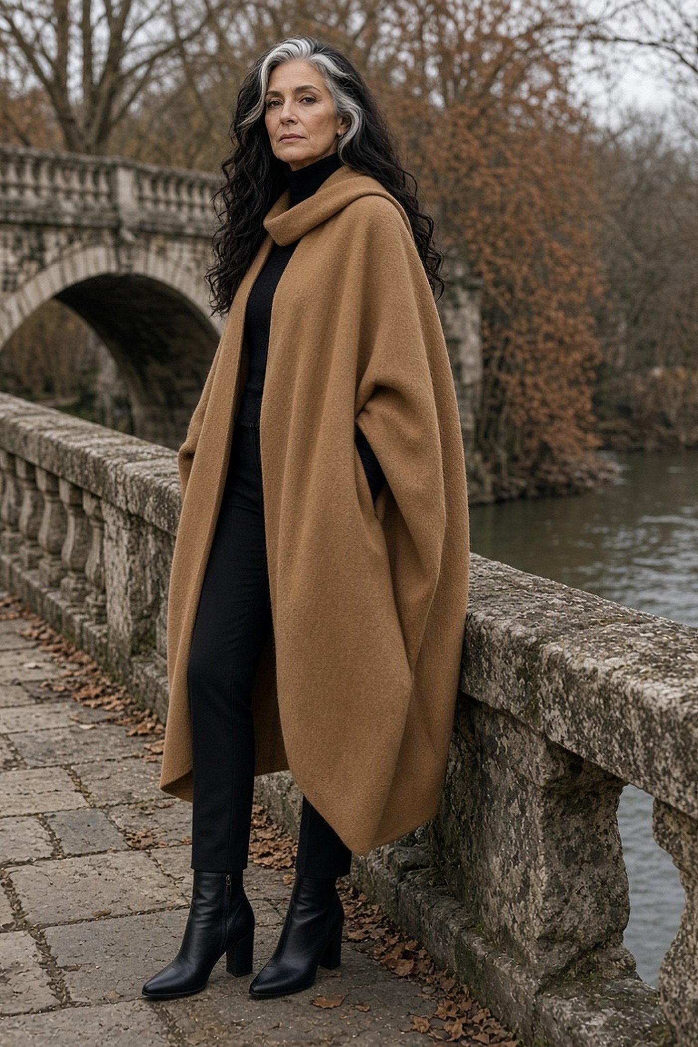 Woman over 50 in a camel wool cape over black turtleneck and trousers