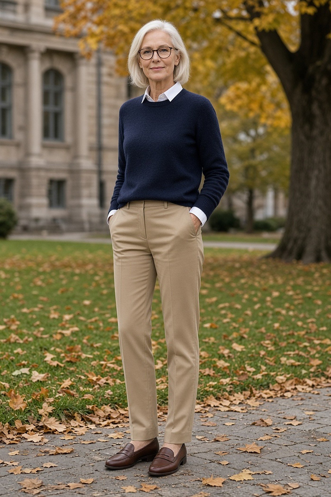 Woman over 50 in a navy sweater layered over a white collared shirt