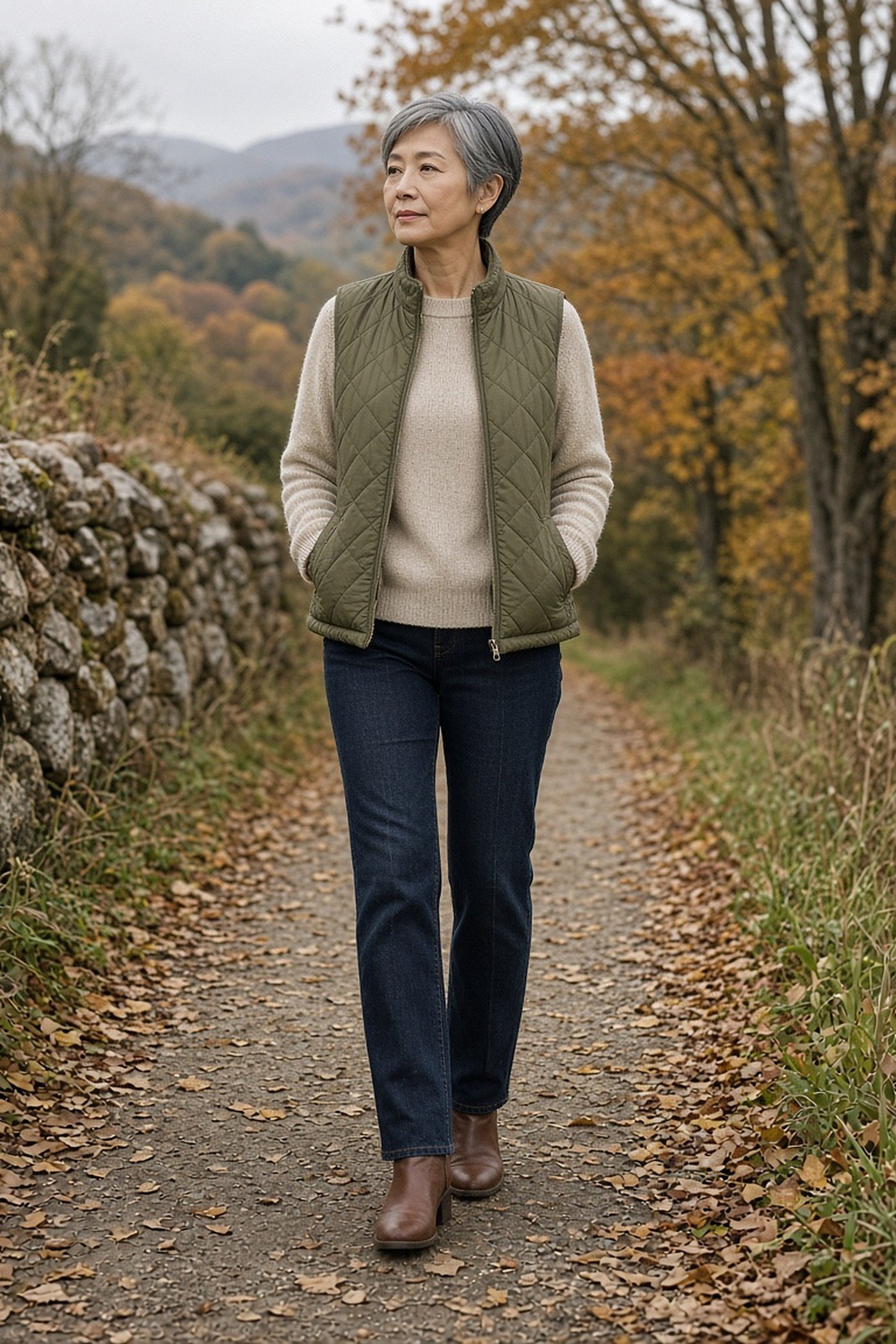 Woman over 50 in an olive quilted vest over a fine knit with jeans