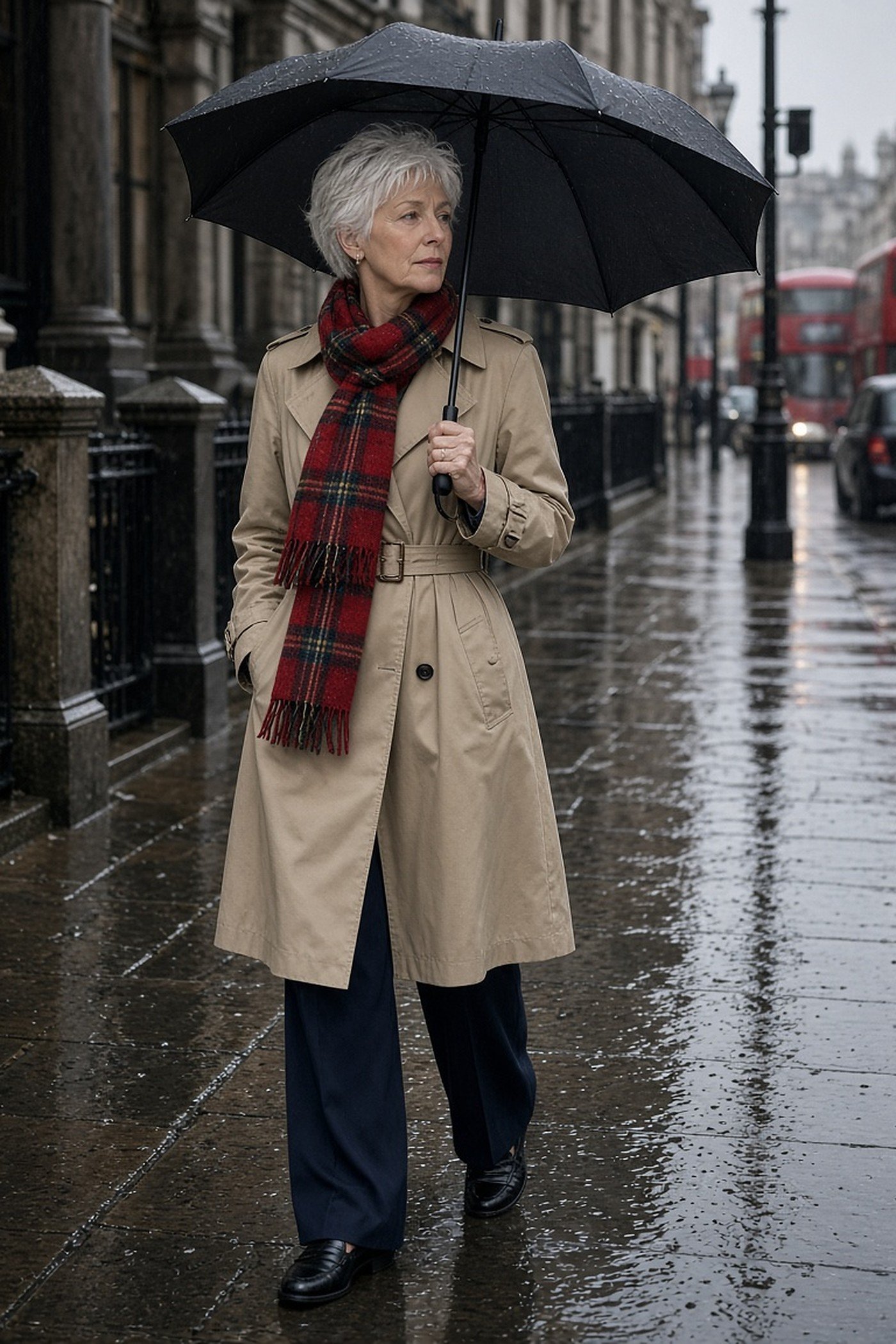 Woman over 50 in a beige trench coat and tartan scarf in the rain