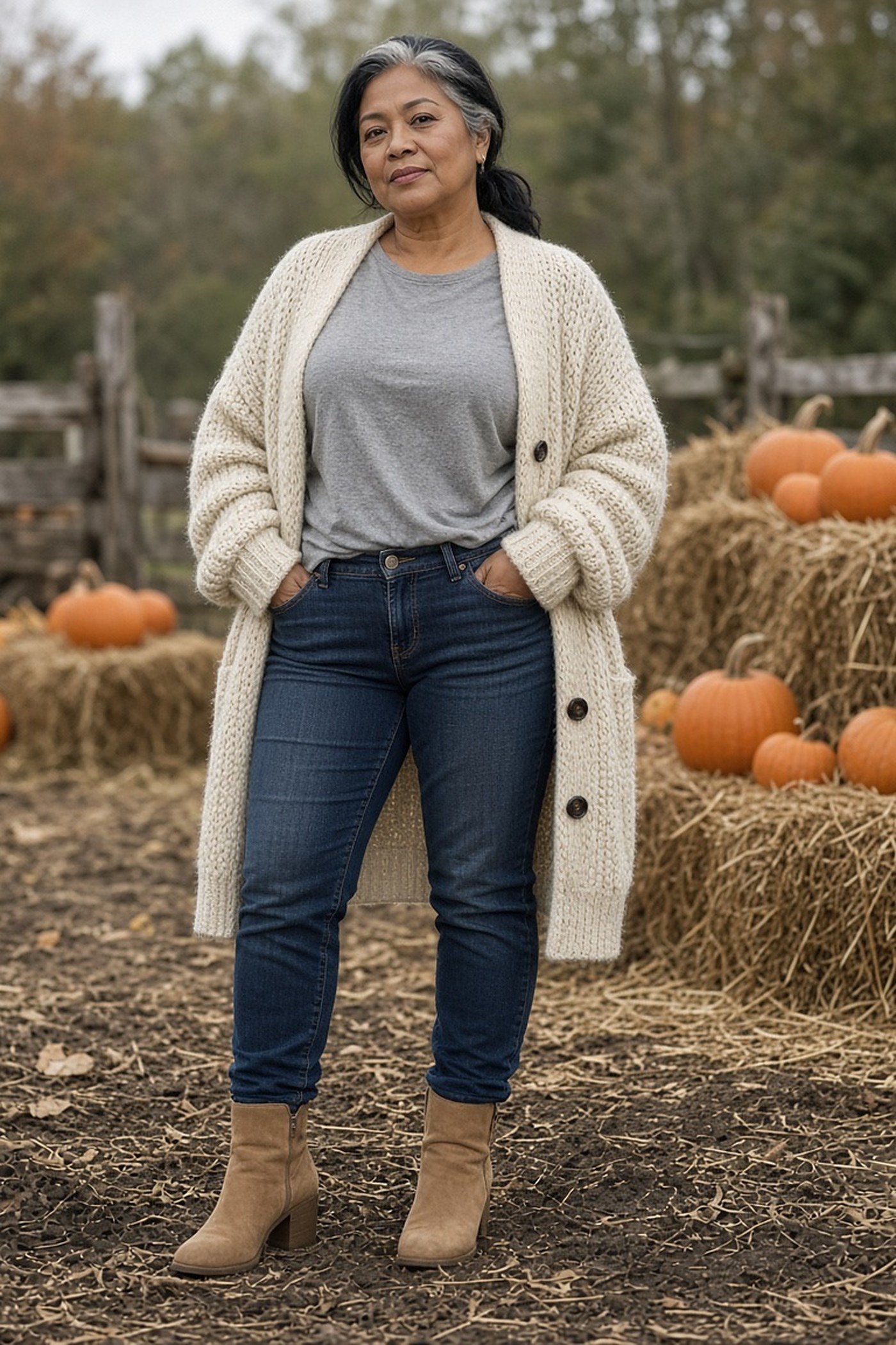 Woman over 50 in a chunky cream cardigan and dark jeans at a pumpkin patch