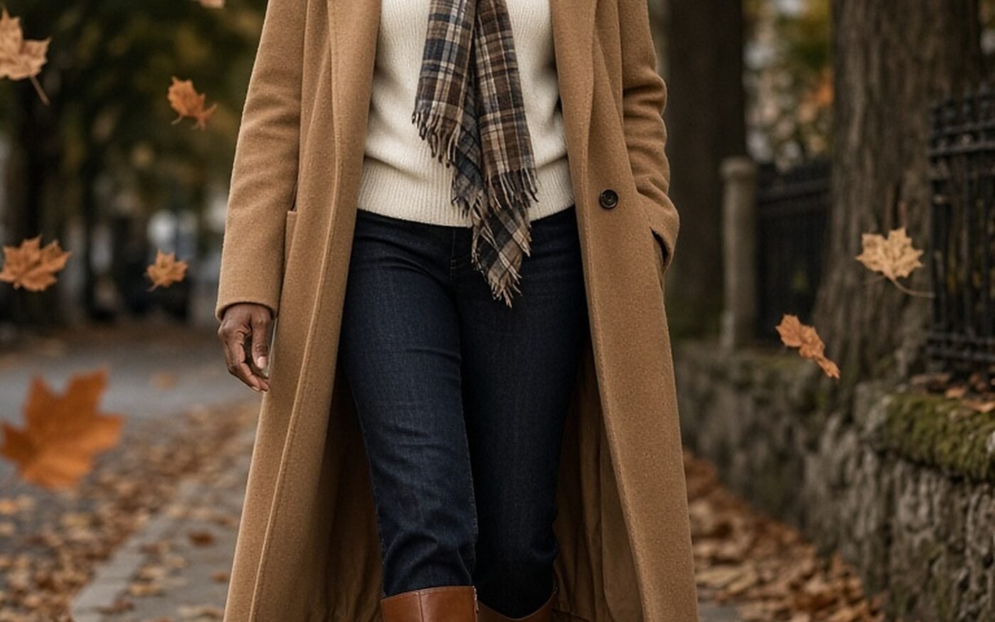Woman over 50 in a camel coat, cream turtleneck and knee boots among autumn leaves