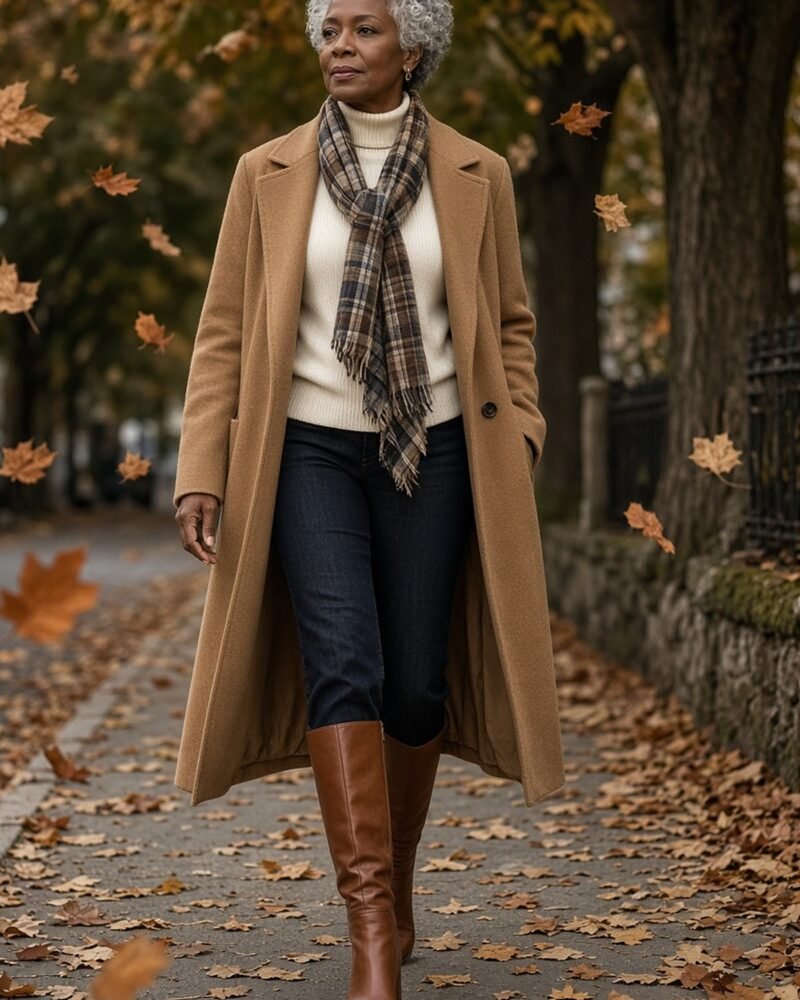 Woman over 50 in a camel coat, cream turtleneck and knee boots among autumn leaves