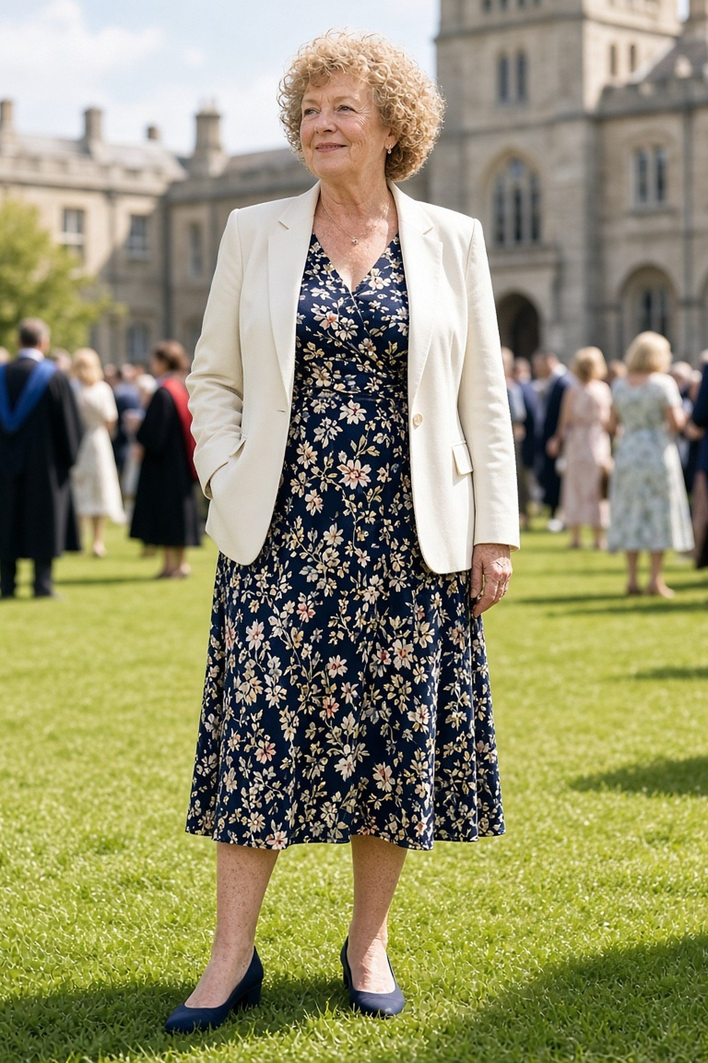 Woman over 50 in a navy floral midi dress and ivory blazer at a graduation
