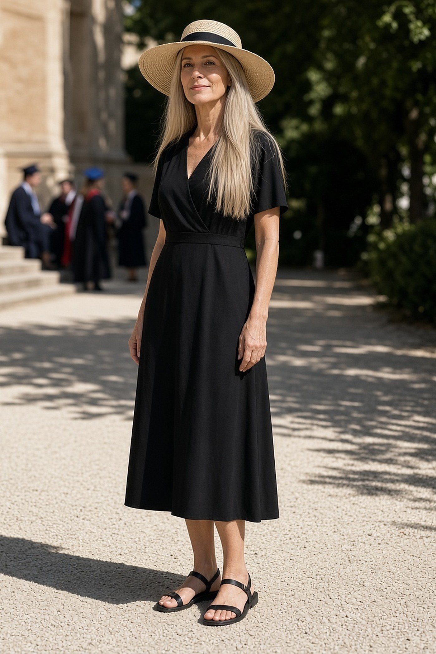 Woman over 50 in a wide-brimmed straw hat and black midi dress