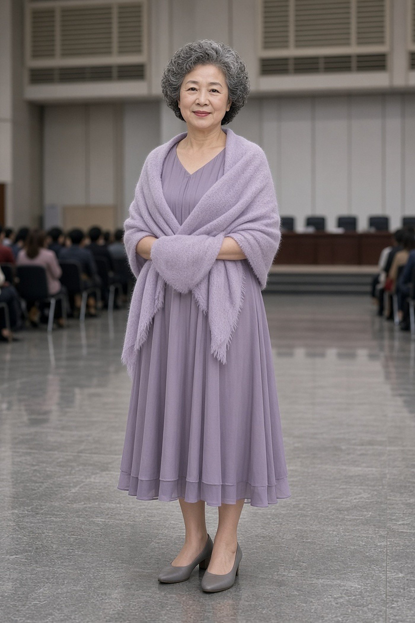 Grandmother over 60 in a lavender dress with a lilac wrap shawl